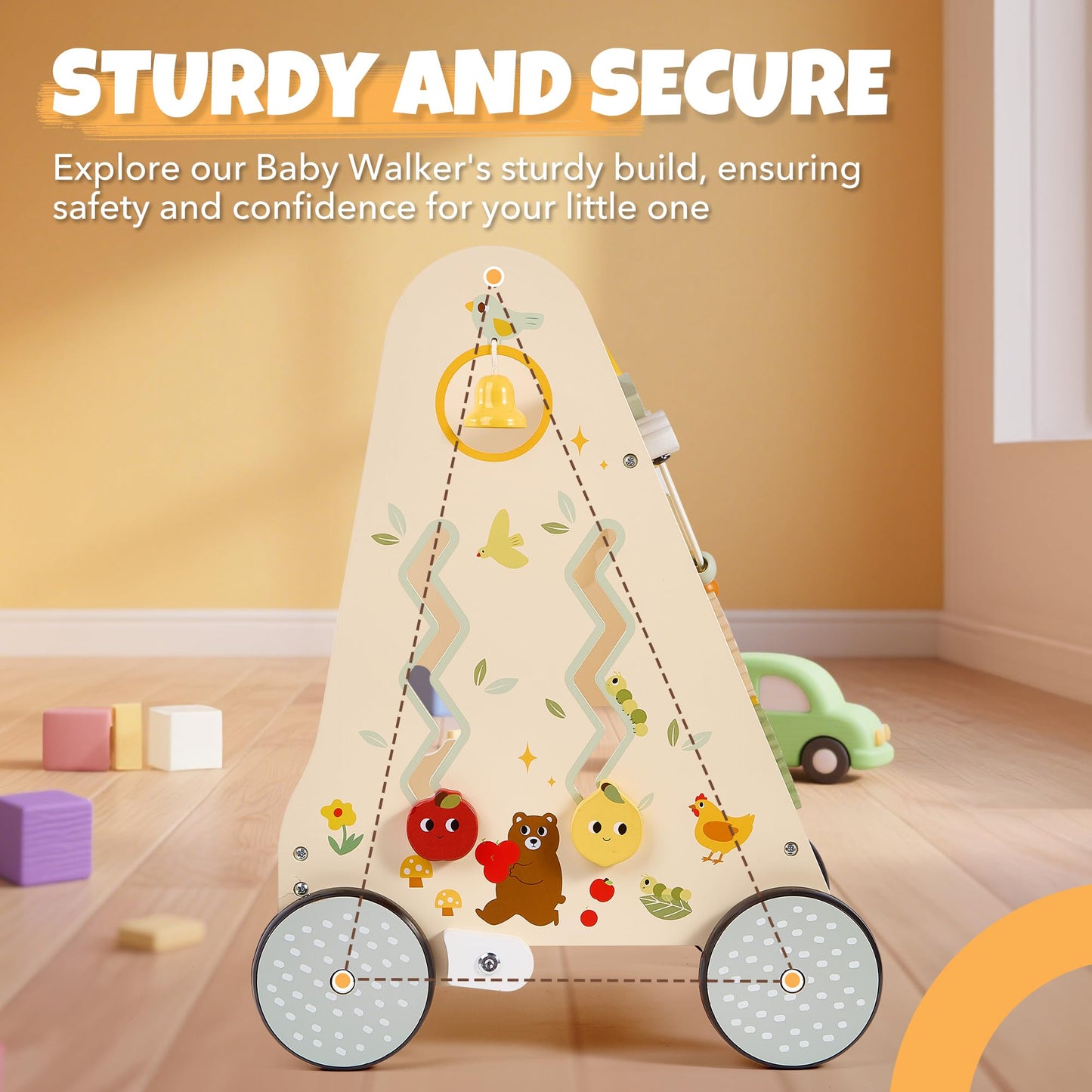 Pithfor Wooden Baby Push Walker, Baby Walker with Activity Center for Girls Boys, Montessori Sensory Push Toys for Babies Learning to Walk & Sit-to-Stand