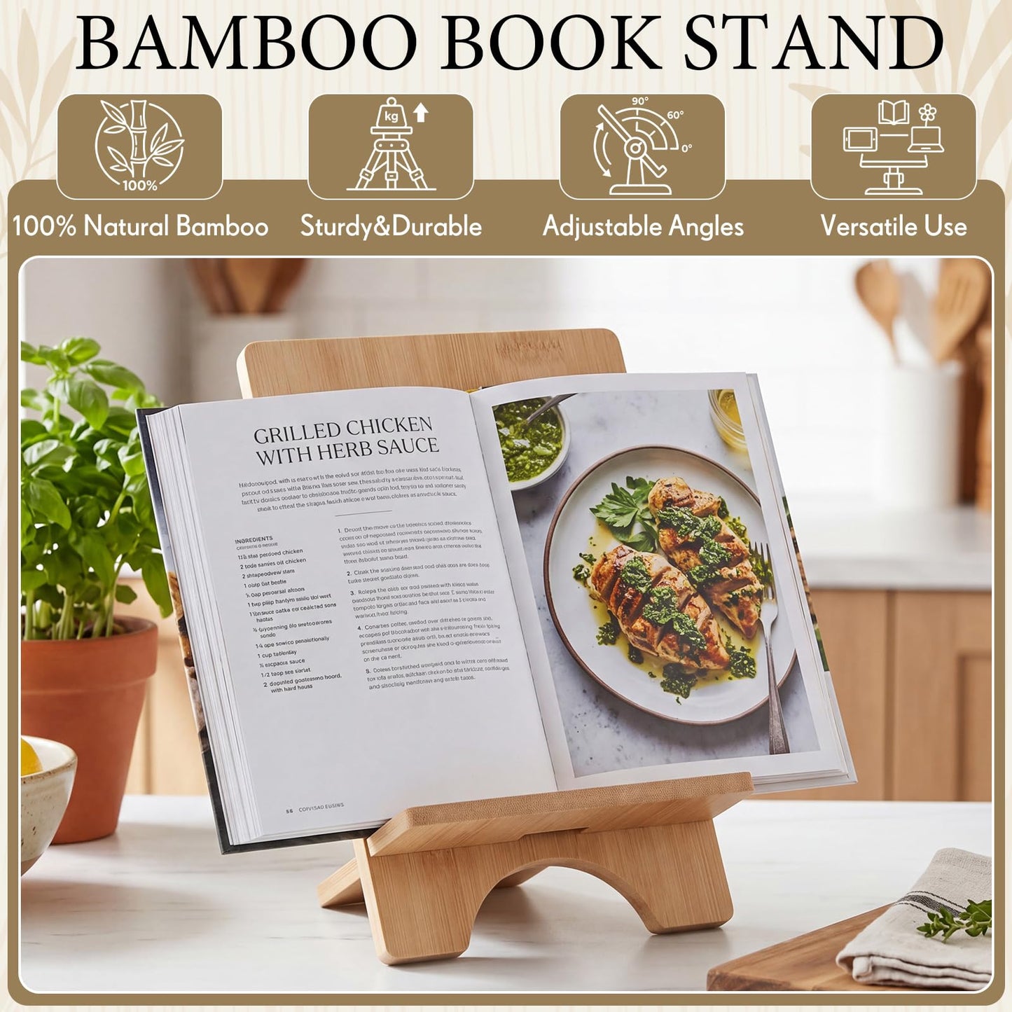 Novabright 6 Pack Adjustable Bamboo Cookbook Stand for Kitchen Counter 8 x 5 Inch Wooden Cookbook Holder for Recipe Book, Tablet, Reading, Desk Magazine Display Rack for Home Office Kitchen