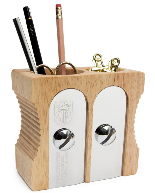 Suck UK Pen Holder - Wooden Pencil Sharpener - Stationary Organiser - Desk Tidy - Quirky Office Desk Accessories - Funny Pencil Pot - Novelty Pen Holder - Vintage Teacher Gifts For Men - Double