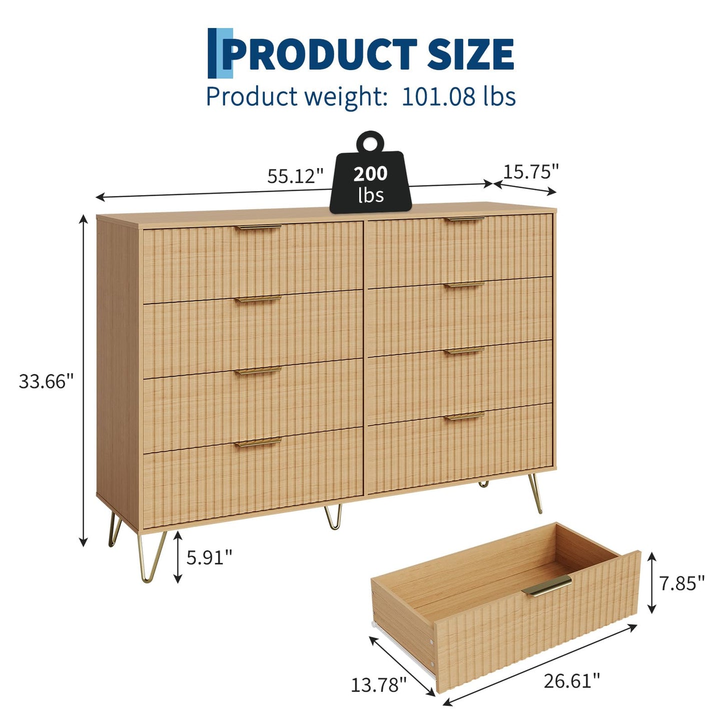 GarveeHome Fluted Dresser for Bedroom with 8 Drawers,55" Wide Modern Chest of Wooden Bedroom Chest with Metal Handle,Clothes Storage Organizer,Dresser & TV Stand for Living Room,Nutural