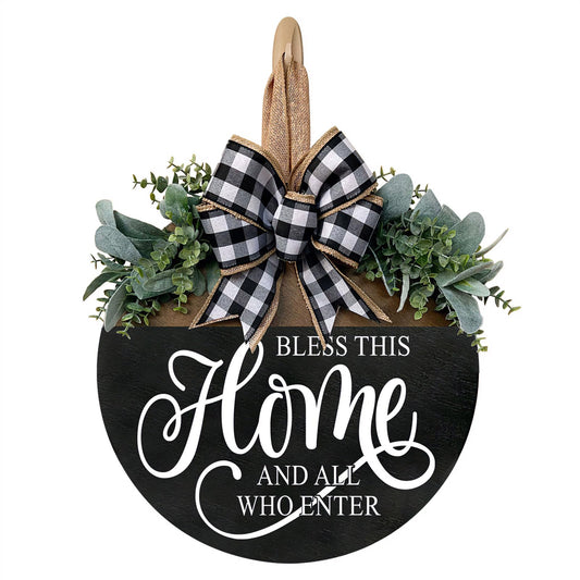 Bless This Home Welcome Sign for Front Door, Rustic Wood Wall Decor Porch Wreaths Hanging Door Decorations for Home Outdoor for Spring Summer Fall All Seasons Holiday