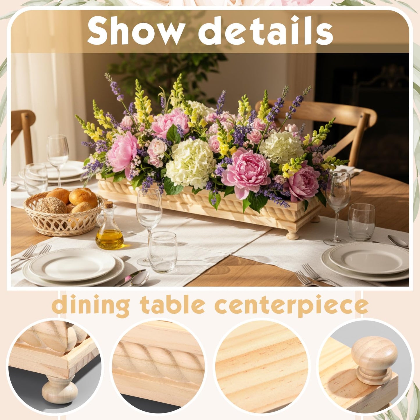AceOrbit Large Long Wooden Dough Bowl, Spring Decorative Wooden Tables Centerpiece Tray, Riser Rustic Dough Bowl, Farmhouse Centerpiece Tray for Table Living Room Dining Gift(24",Wood)