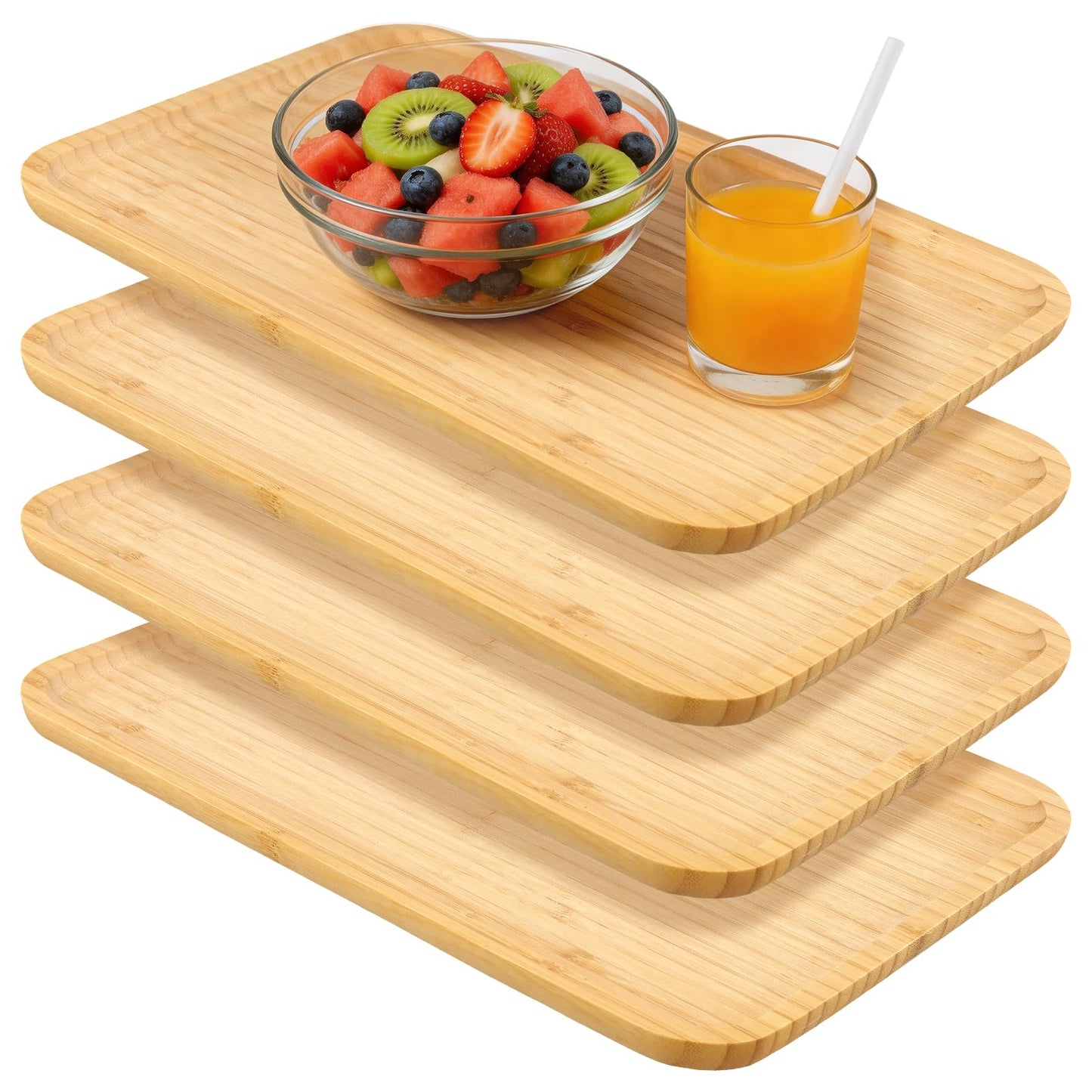 LEXININ 4 Pcs 14 x 9.4 x 0.6 Inch Bamboo Serving Tray, Wooden Platter Rectangular for Tea Coffee Cheese Fruit