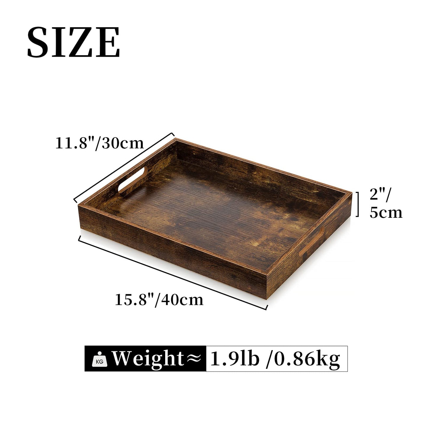 Hanobe Brown Decorative Serving Trays: Rustic Brown Rectangle Tray Decor with Cutout Handles for Coffee Table Ottoman Living Room Kitchen Home Decor, Large