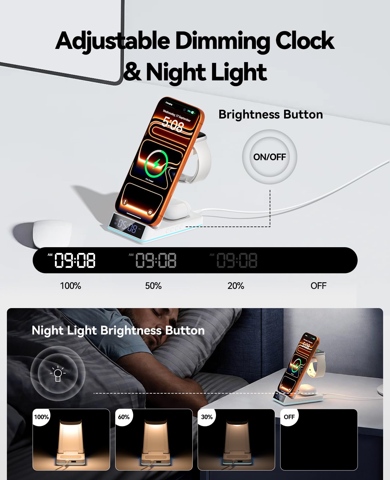 2026 Upgraded Wireless Charging Station, 7 in 1 Wireless Charger Station Foldable Charger Stand with Night Light/Alarm Clock for iPhone 17-12 Pro Max Plus, Apple Watch, AirPods Gifts for Fathers Day