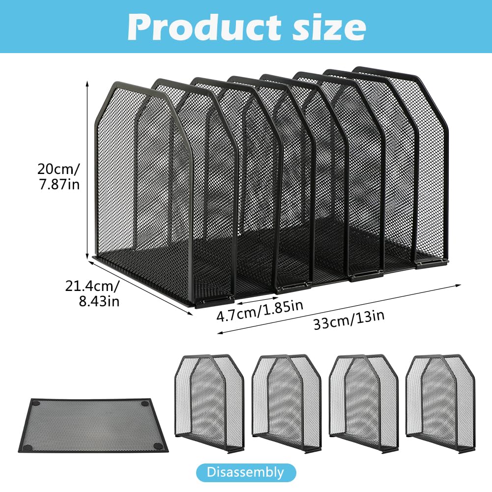LYNCHAOXAN 7-Section Vertical Mesh File Sorter, Black Metal Desktop Document Organizer with Extra Wide Spacing, Metal Paper Holder for Home Office Classroom Desk Storage