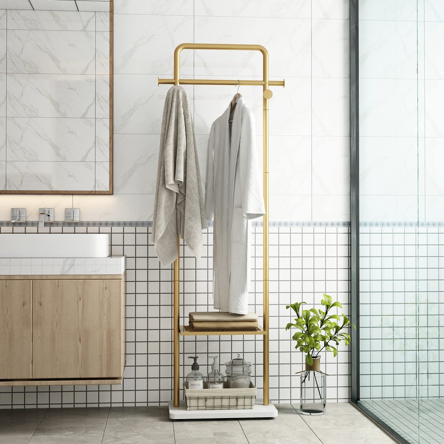 TIEOU Gold Clothes Racks with Shelf, Heavy Duty Gold Clothing Racks for Boutiques, Free-Standing Metal Garment Rack for Hanging Clothes, Modern Coat Rack Entryway(2 tier)