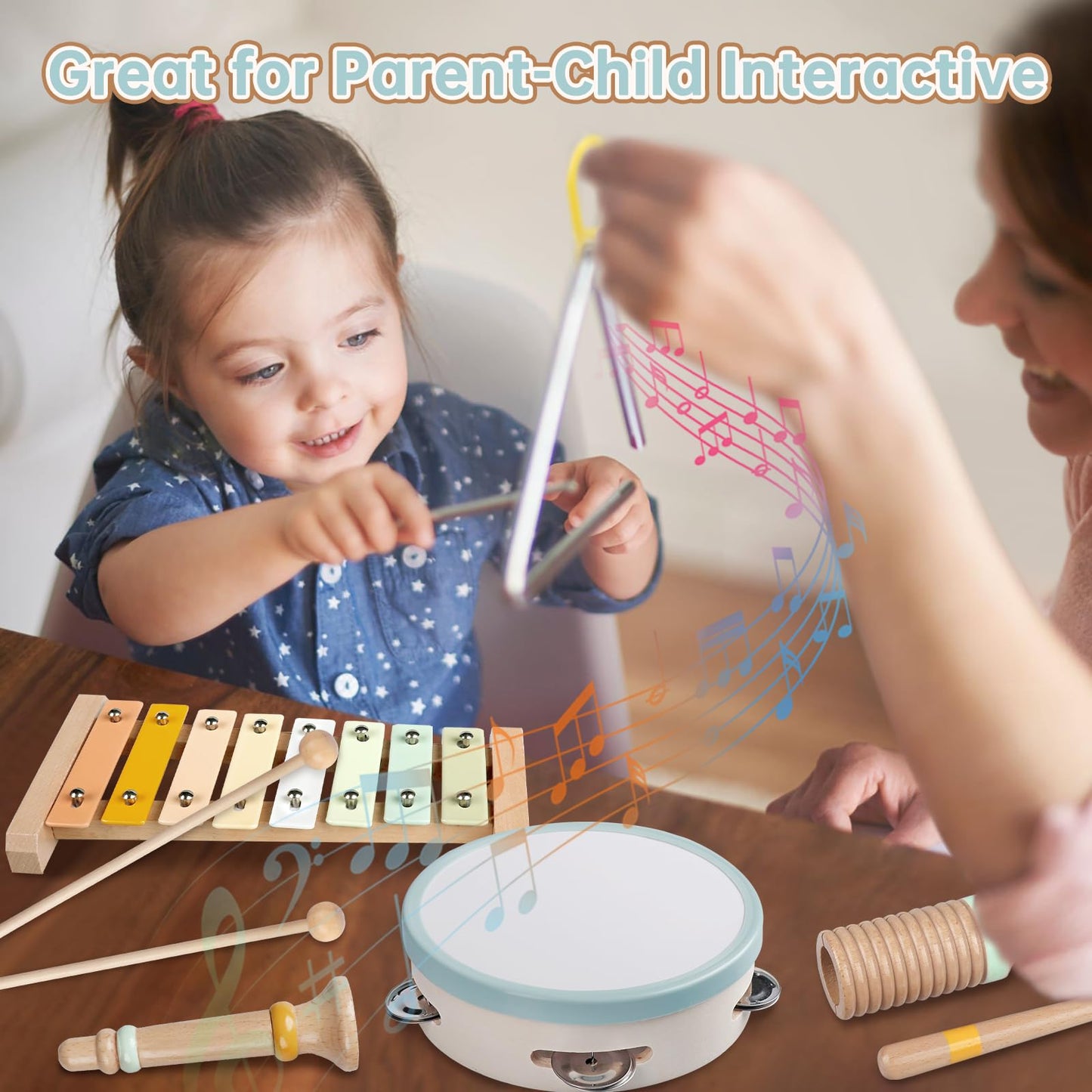 Baby Musical Instruments - Toddler Musical Toys Montessori Wooden Xylophone Maracas Tambourine Percussion Set for 18+ Months, Kids Educational Music Learning Toys, Birthday Gifts for Boys Girls