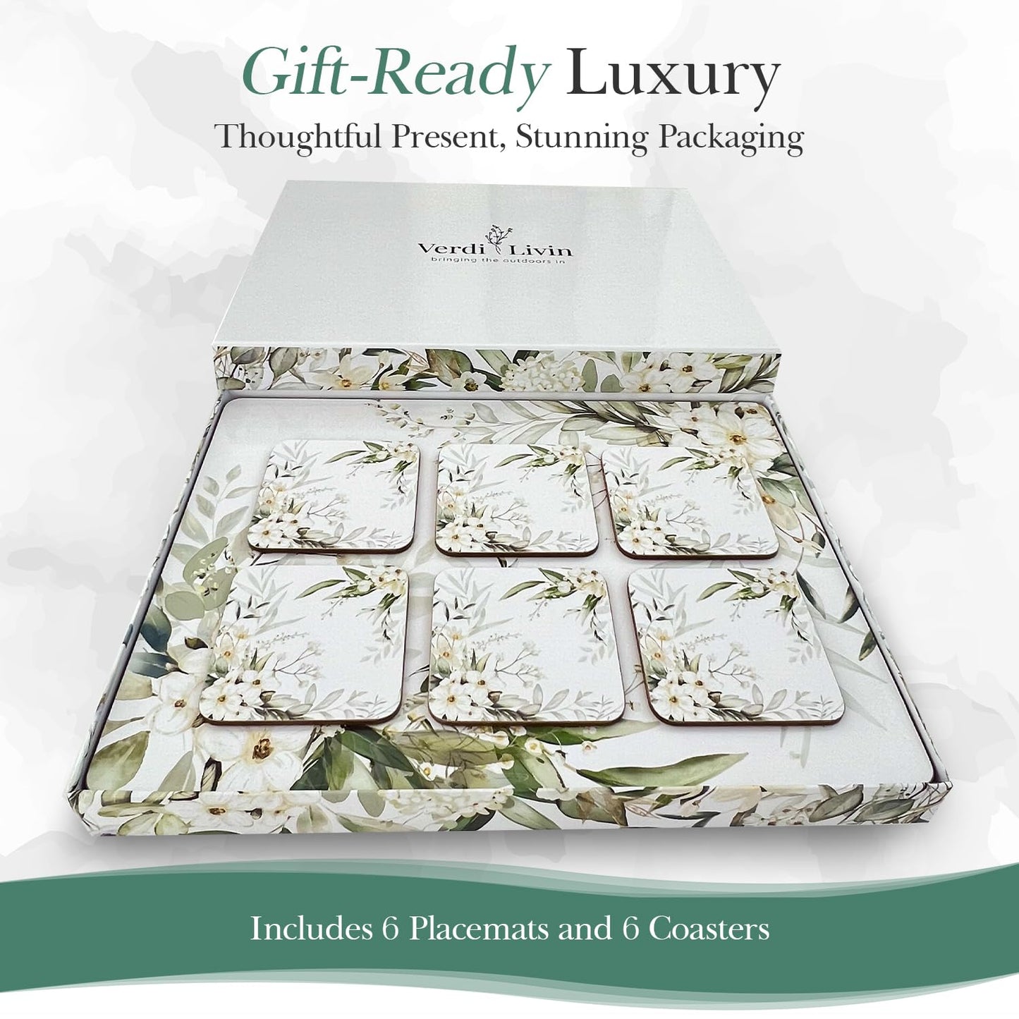 Verdi Livin Cork Placemats Set of 6 Matching Coasters I Heat Resistant Place Mats for Dining Table 16" x 12", Cork Backed, Wipeable White Lily Design