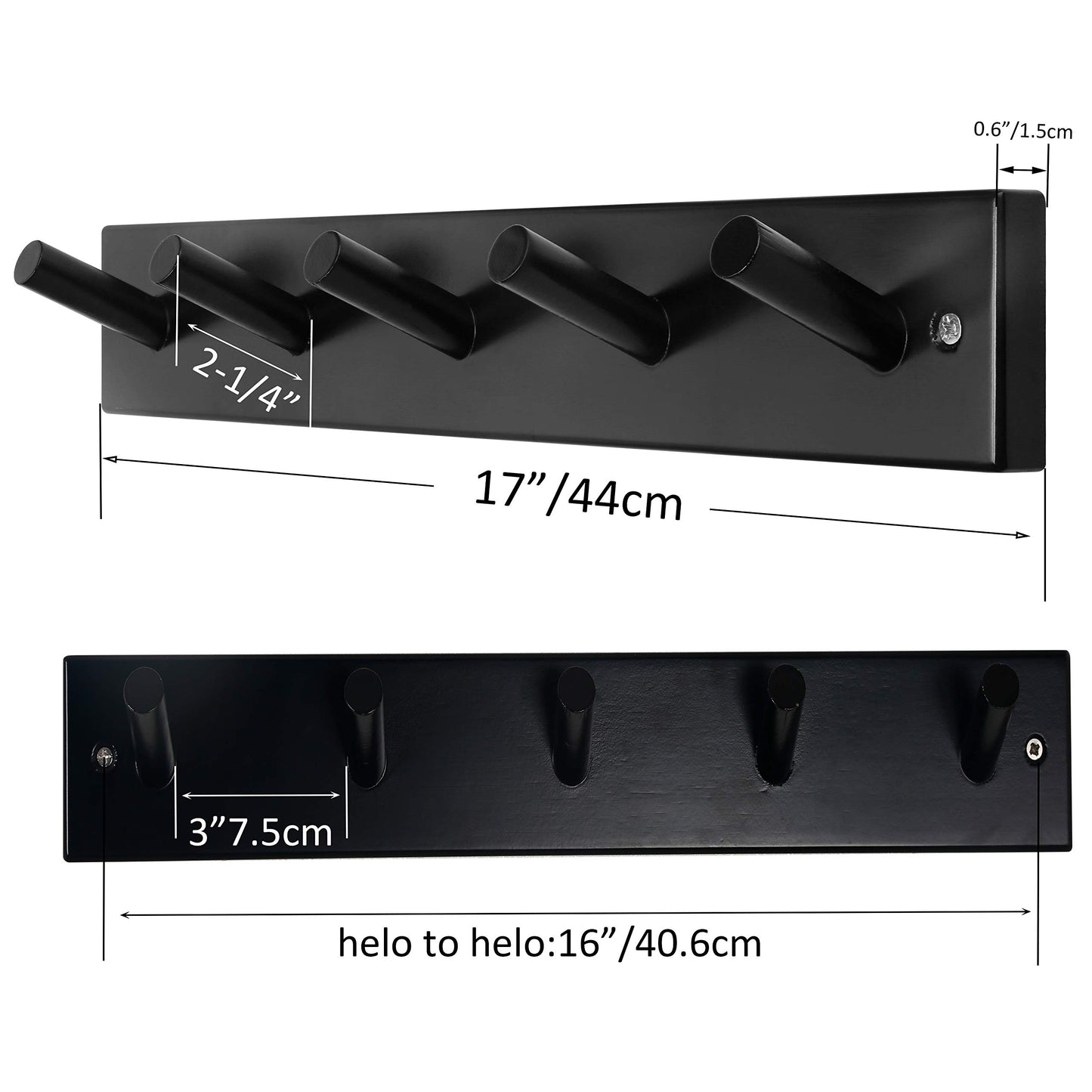 SKOLOO Wooden Wall Mounted Coat Rack,16'' Hole to Hole, 5 Pegs Bamboo Wall Hook for Hanging Clothes Robes Towels Hats,Black