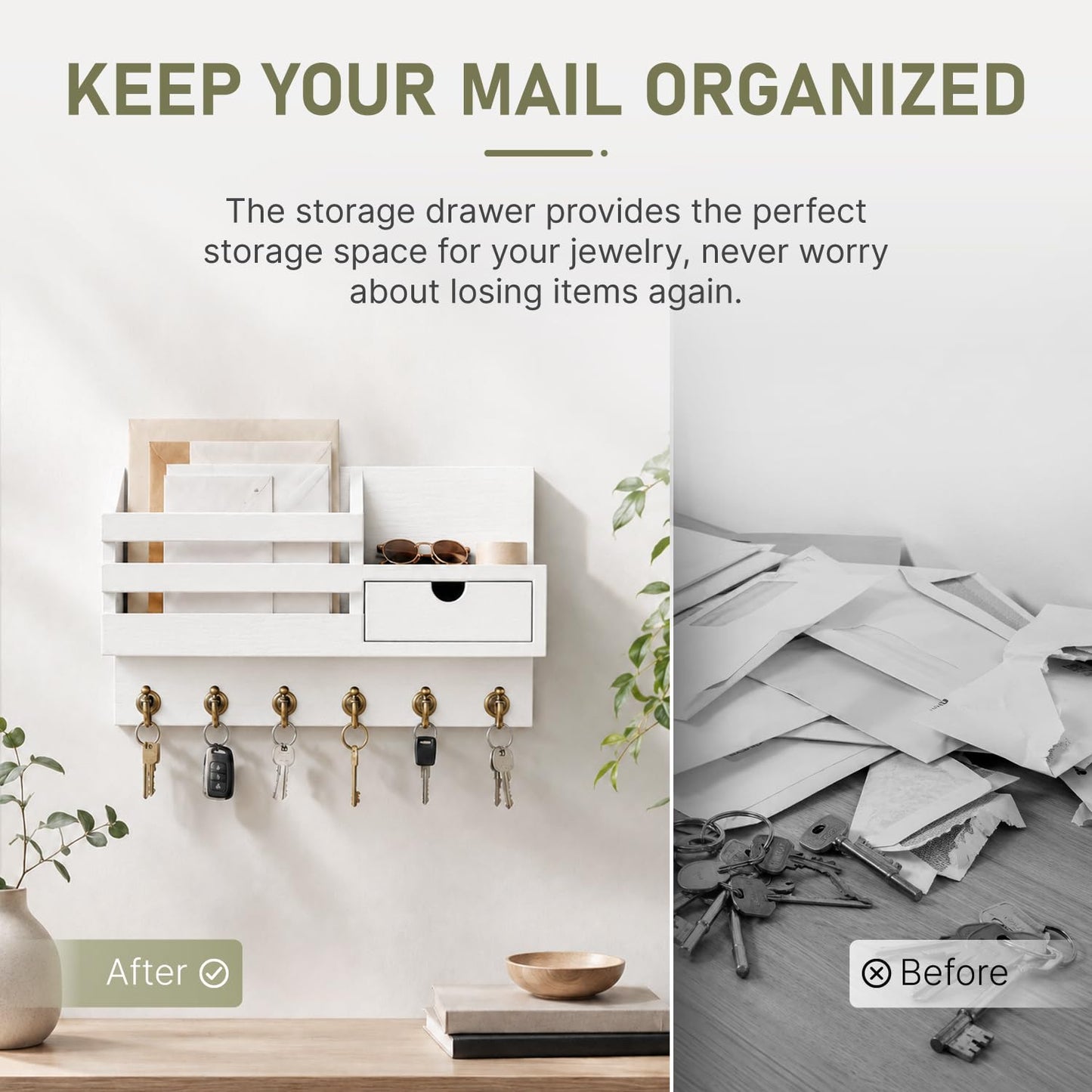 FifthQuarter Key Holder Wall Mount: Key and Mail Holder for Wall with 6 Hooks and Storage Drawer, Easy Installation Key Rack for Entryway Home Decor (A-White)