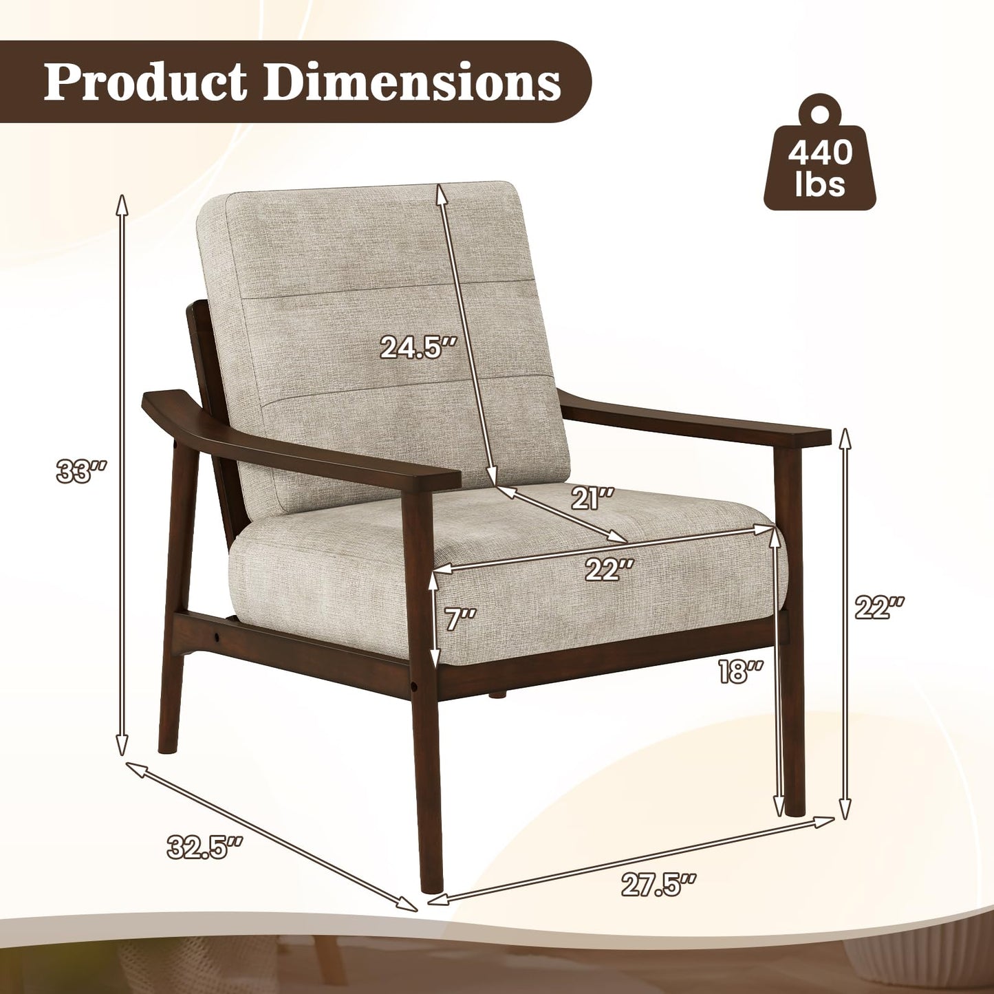 Giantex Mid Century Modern Accent Chair, Max Load 440 LBS Upholstered Living Room Chair with Rubber Wood Armrests & Legs, Removable Back Cushion, Comfy Reading Arm Chair for Living Room, Bedroom