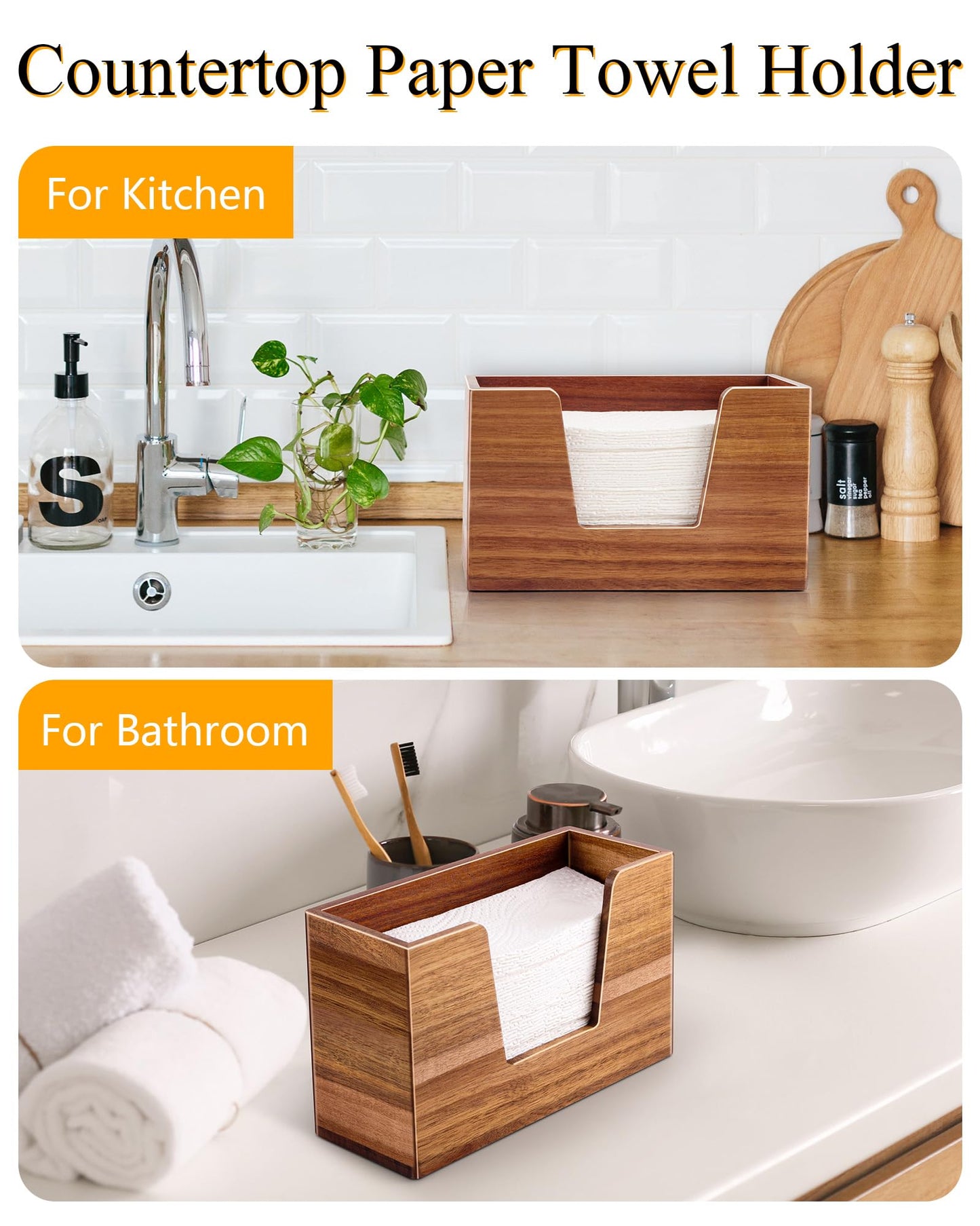 Wooden Paper Towel Holder, Napkin Holder for Bathroom Kitchen Countertop, C-Fold, Z-Fold, Trifold Hand Paper Towel Holder Dispenser