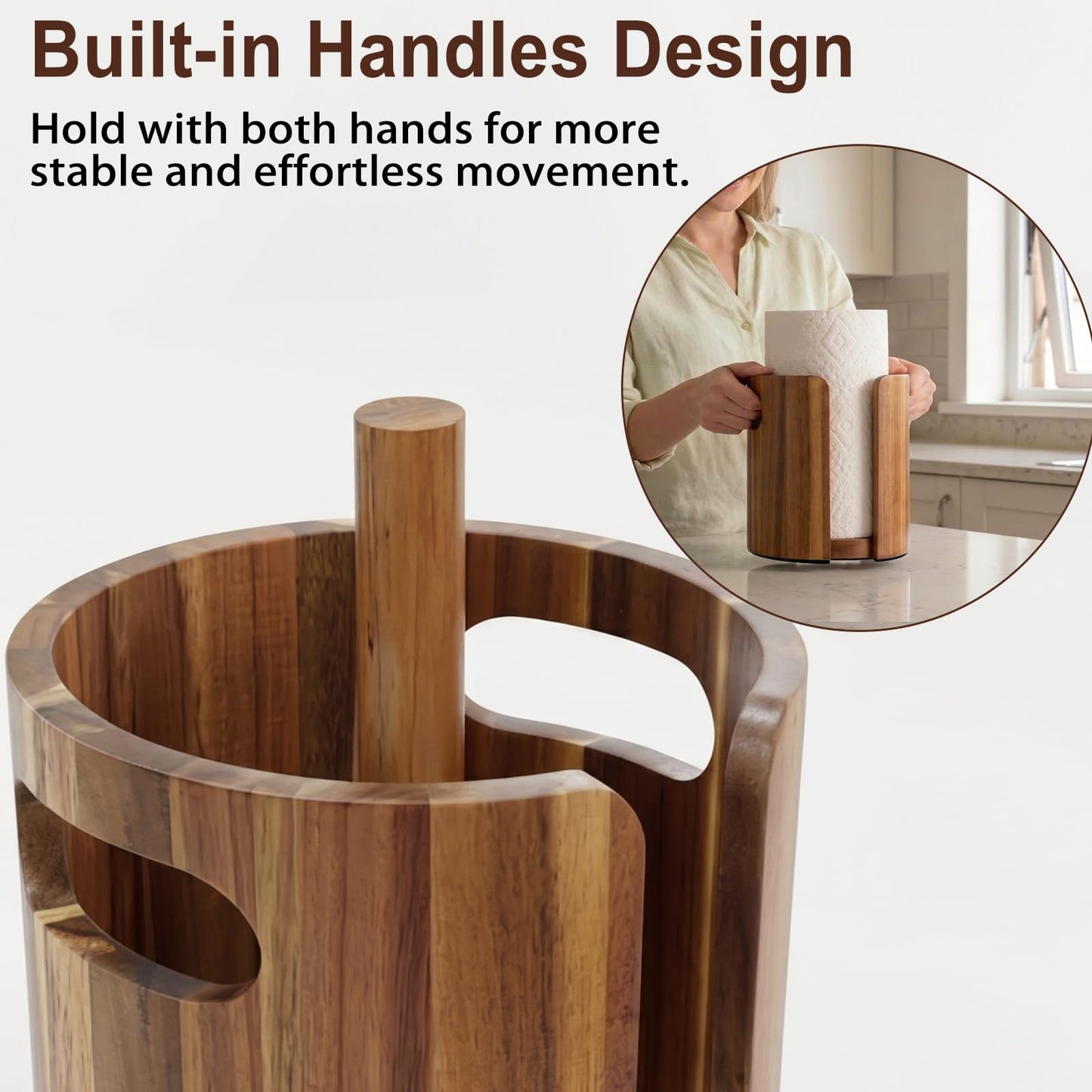 Premium Wood Paper Towel Holder for Kitchen Countertop, Acacia Wooden Kitchen Towel Holder with Splash Guard, Handles & Weighted Non-Slip Base, Home Decor Essentials, for Kitchen, Bathroom, Bar