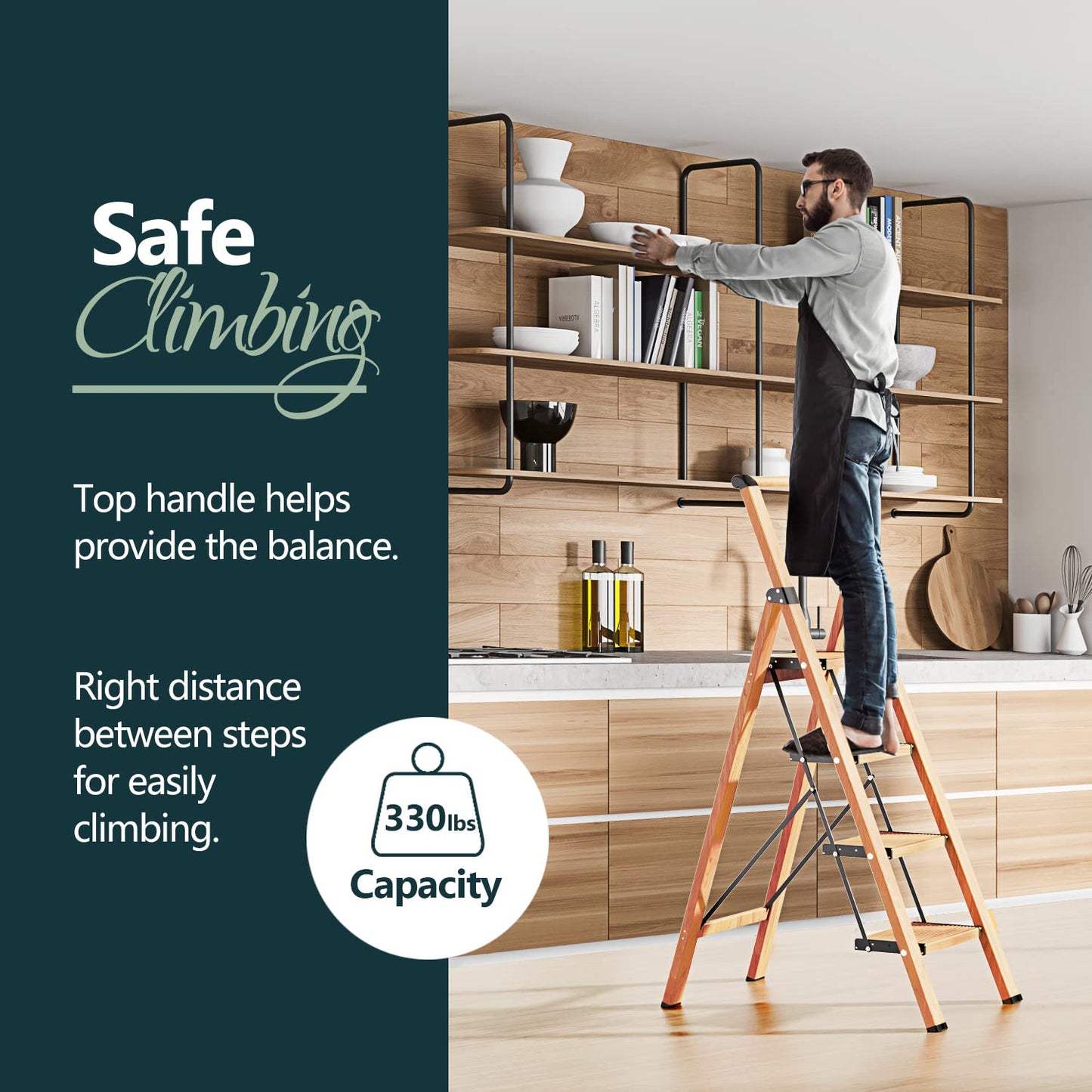 WOA WOA 4 Step Ladder, Ladders for Home, Anti-Slip Pedals, Aluminum Step Stool Foldable, Lightweight to Move, Ease of Storage, Reach 9ft for Closet Kitchen Library, Hold 300lbs - Wood Grain