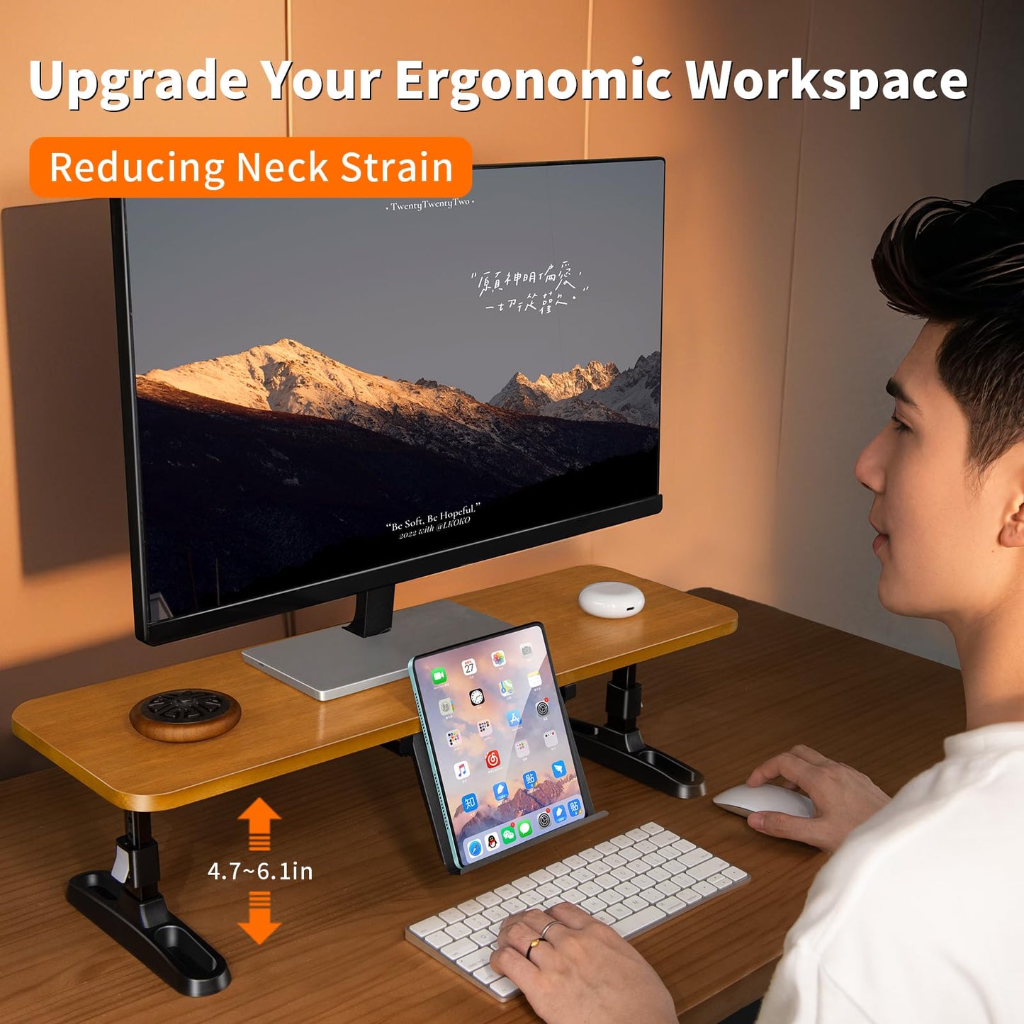 NIFBANG Wooden Monitor Stand Riser for Desk,Adjustable Height Monitor Shelf Riser with Phone Holder,Desk Storage Organizer Accessories,Wood Computer Screen Stands for Office,Home,Laptop,Printer,TV