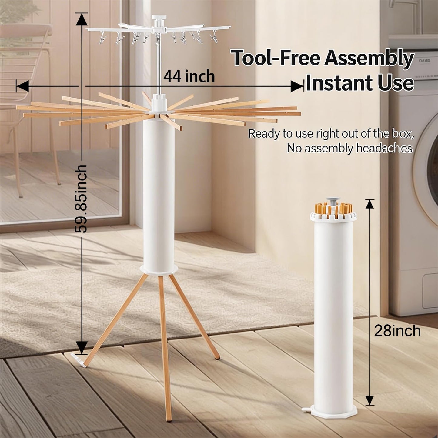 AZHZOLSK Clothes Drying Rack Tripod, Floor Standing Laundry Drying Rack, Portable & Foldable with 16 Wooden Poles Space-Saving Drying Rack for Laundry, Retractable Collapsible for Balcony Bedroom