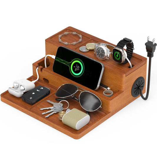 Valet Tray, Nightstand Organizer with Charging Station, Assembly-Free 3 Layer Wood Valet Tray for Men, Phone Docking Station with USB Ports for Watch, Jewelry & Accessories, Nice Gift (Stylish Brown)