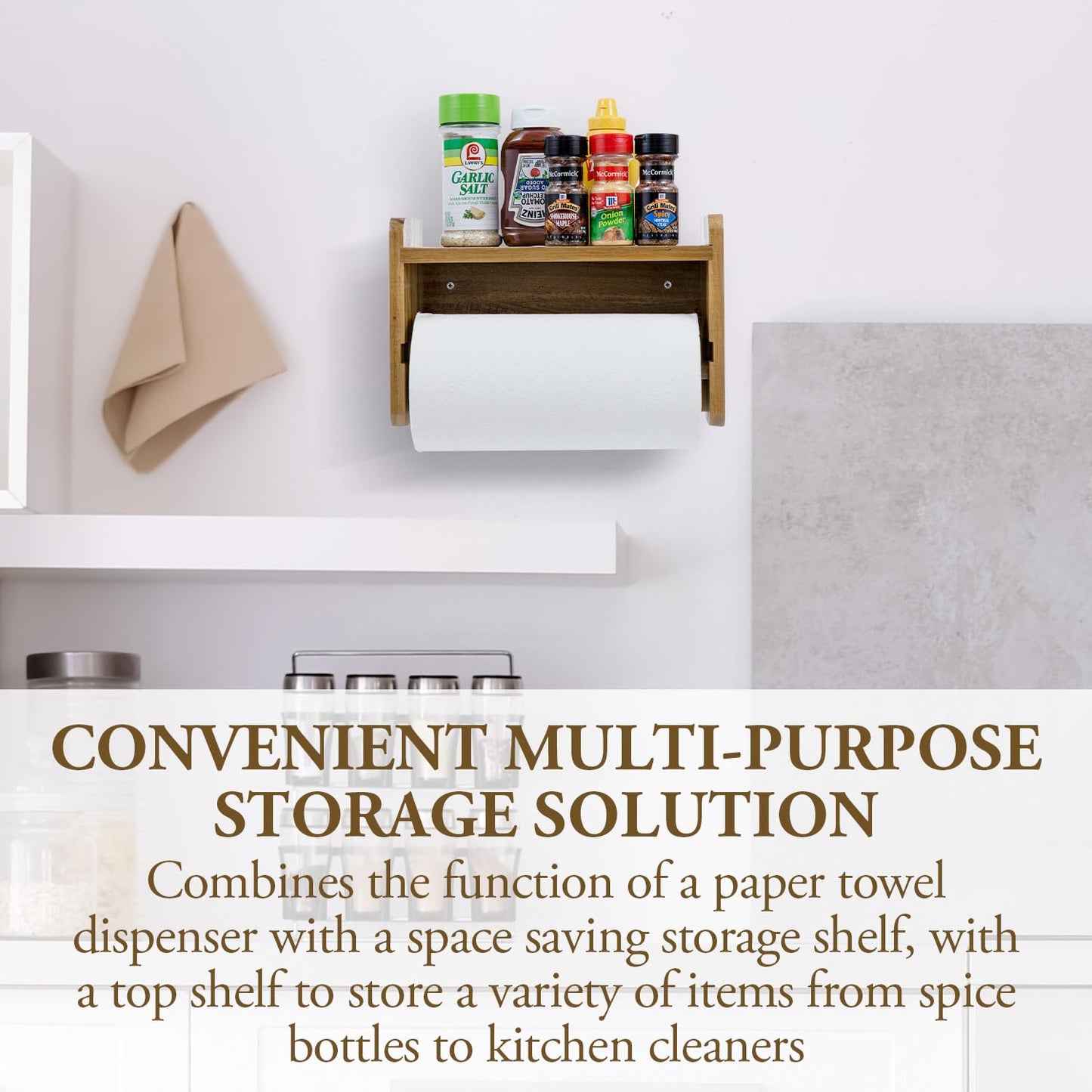 MyGift Hanging Paper Towel Roll Holder, Premium Acacia Solid Wood Farmhouse Wall Mounted Kitchen Napkin Dispenser Rack with Top Storage Shelf Spice Racks