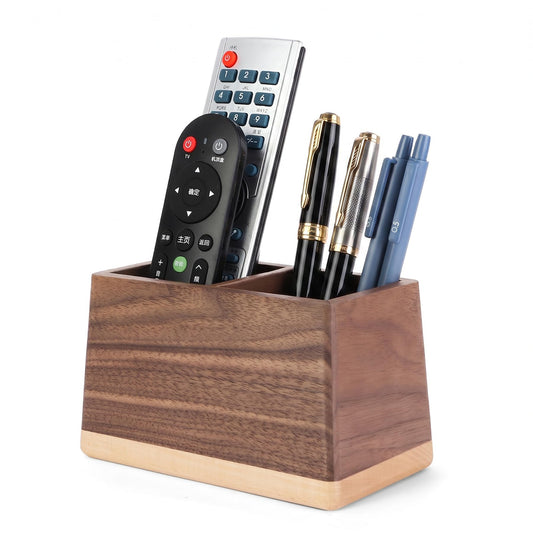 Sakulaya Walnut Pencil Holder Wood Pen Holder for Desk Multiple-Use Desk Writing Stationary Organizer Office School Supplies Storage Double Slots Trapezoid Shape