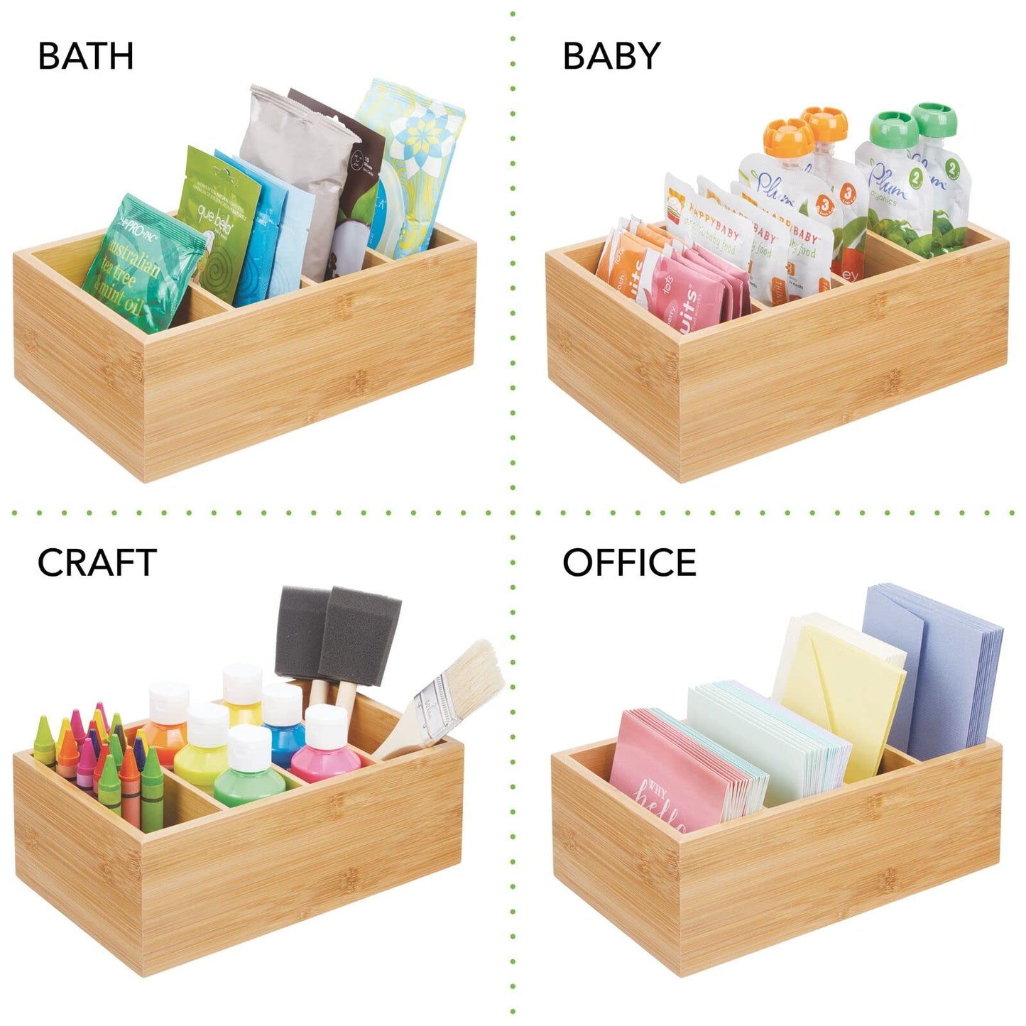 mDesign Bamboo Wood Compact Food Storage Organizer Bin Box - 4 Divided Sections - Holder for Seasoning Packets, Pouches, Soups, Spices, Snacks - Natural