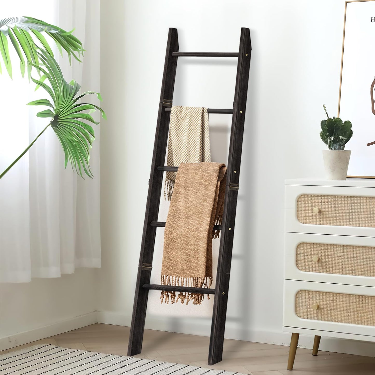 XLHOMO 5-Tier Wooden Blanket Ladder, 63" Rustic Leaning Blanket Rack for Living Room, Decorative Quilt and Towel Holder for Bedroom Bathroom Farmhouse Home Decor, Black