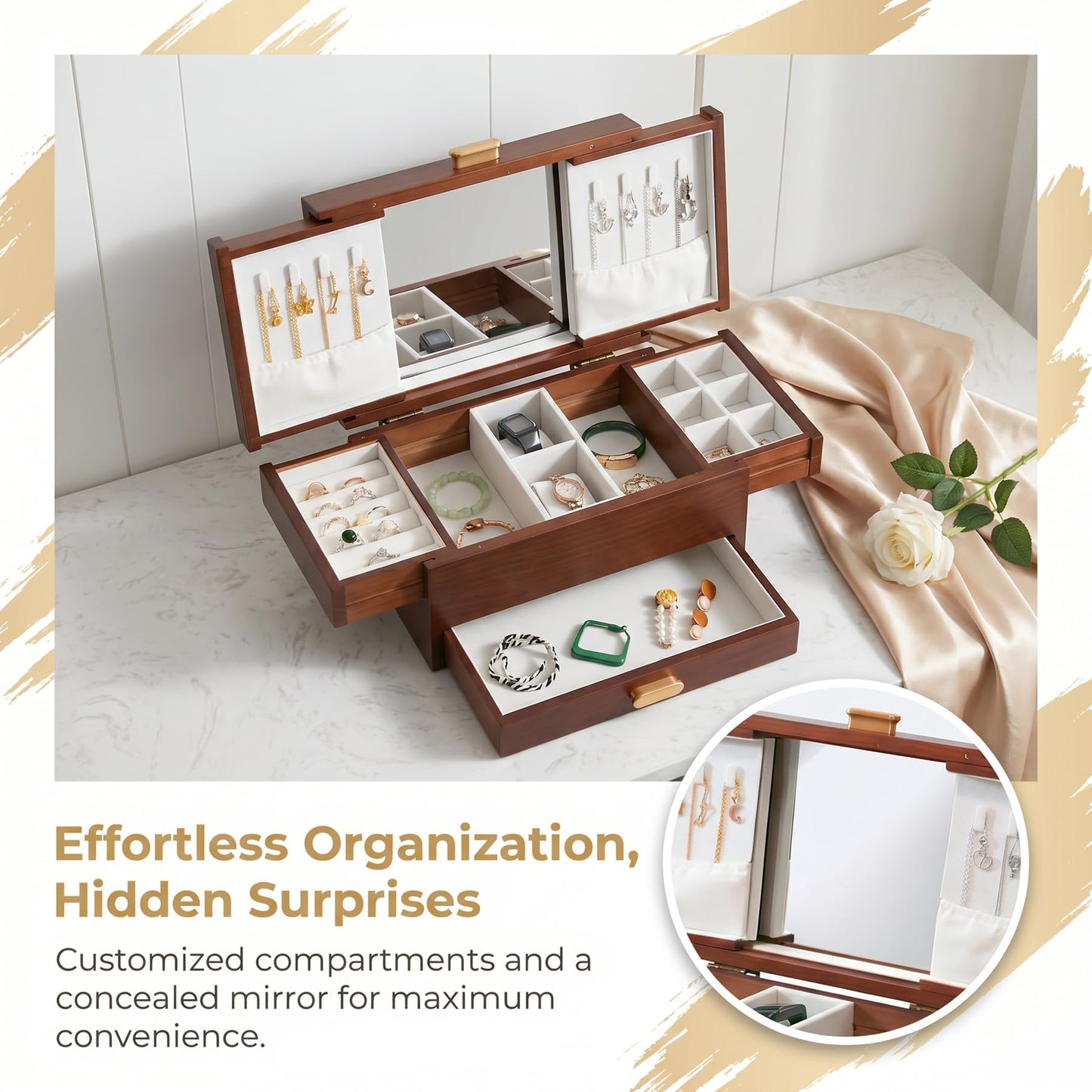FMYSUSUXY Jewelry Box Solid Wood Jewelry Box Jewelry Ring Necklace Watches Earrings And Other Multi-style Storage Organizer Girl Wife Mother Gifts