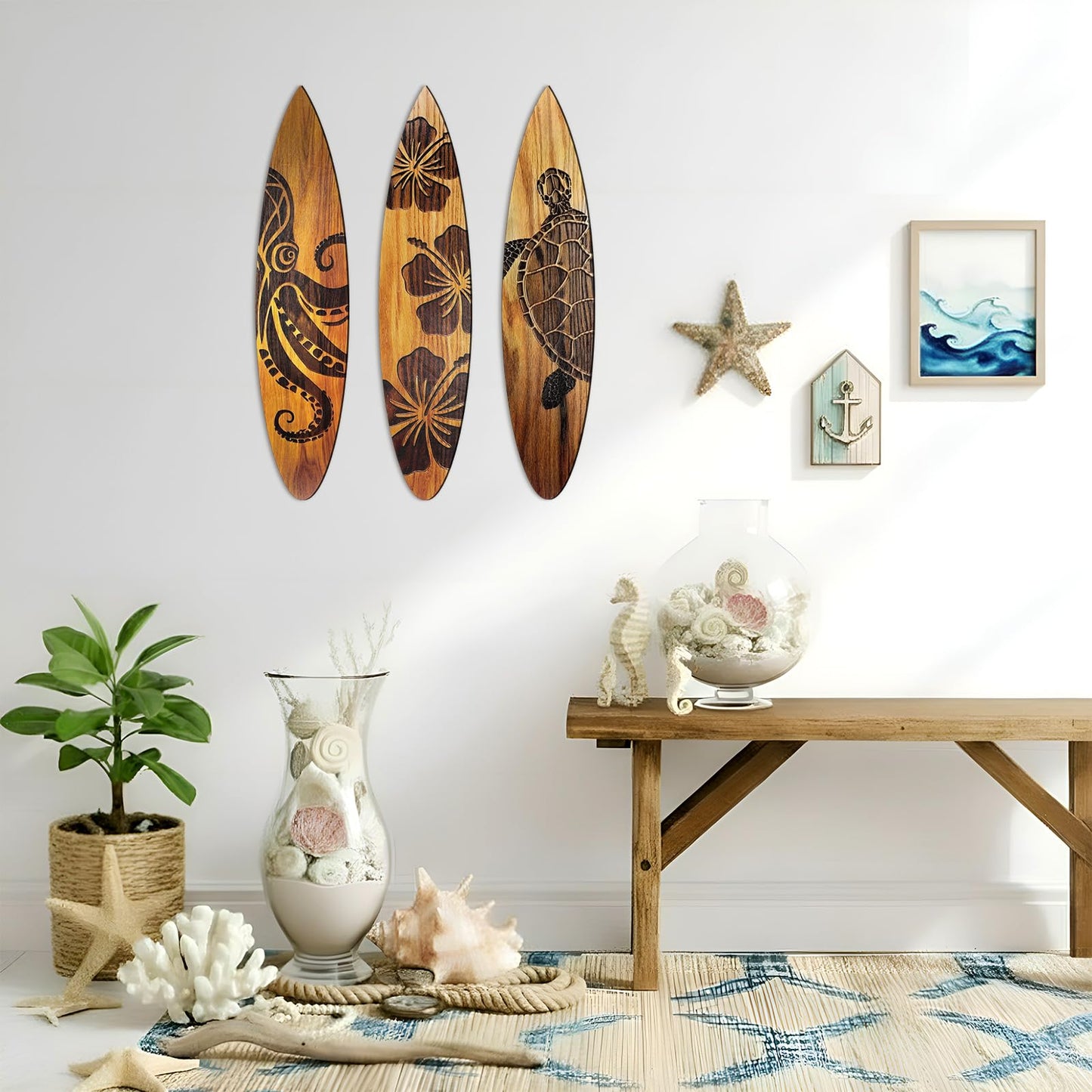 Yousoontic 3 Pcs Surfboard Wall Decor 23.6" x 5.2" Large Wooden Beach Room Surfboard Decor for Wall Summer Turtles Hibiscus Octopus Hawaiian Tropical Sign for Home Bedroom Party