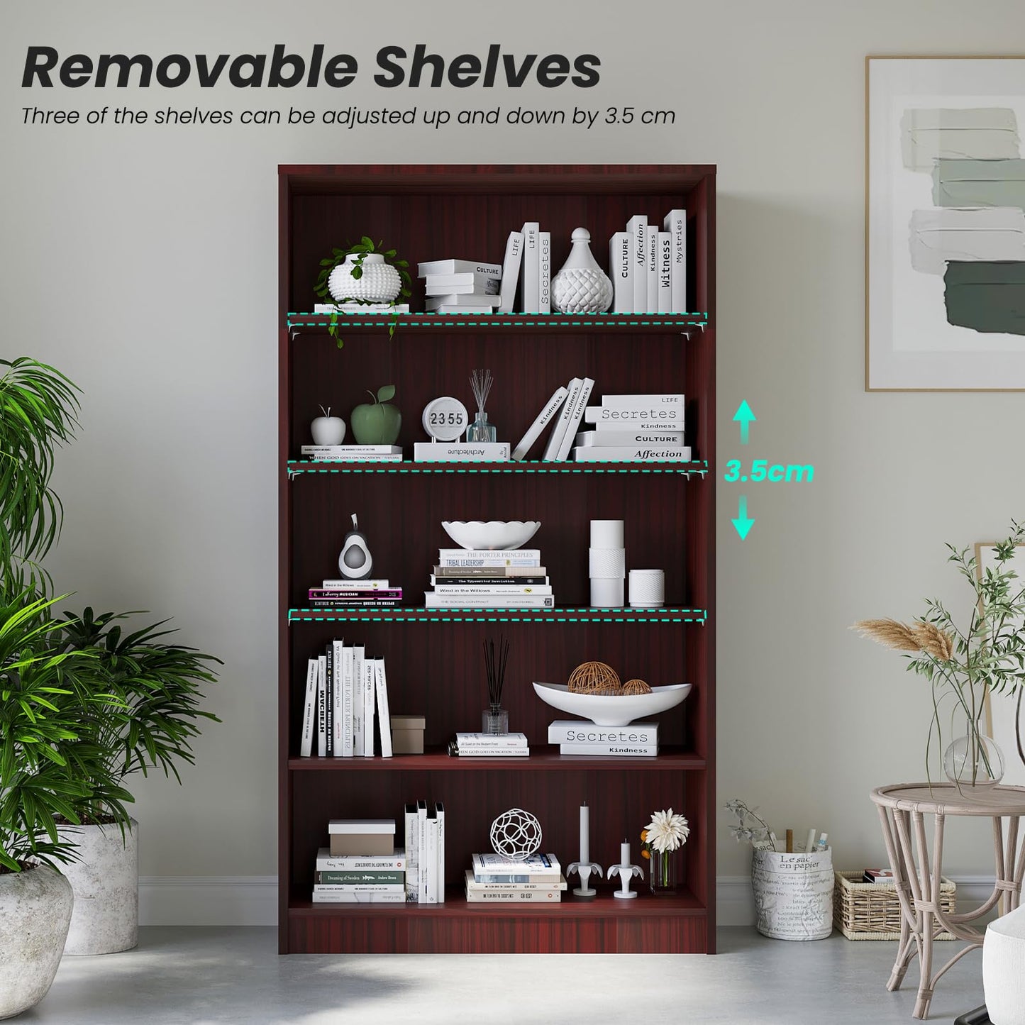 i-VTIES Bookcase Adjustable Storage Shelves,5-Tier Modern Wood Bookcase for Bedroom,60-Inch Bookshelf, Office, Living Room & Library(Mahogany)
