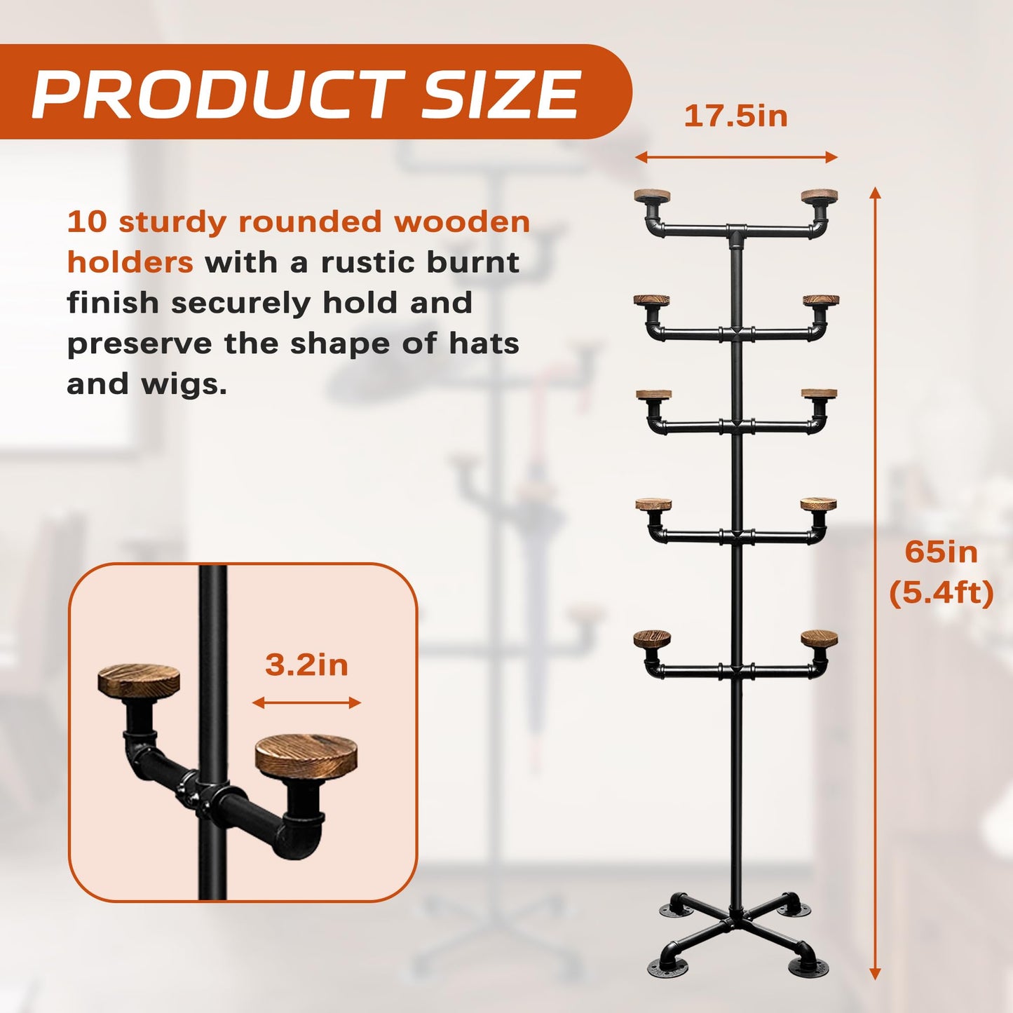 Montex Hat Rack Stand, Metal Hat Display Rack, Standing Hat Rack with 10 Hooks, Pipework Hat Stands for Hanging Hats and Wigs，Black