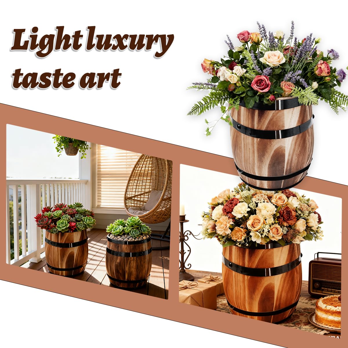 Sunmuliiiy1Pcs Wood Wine Barrel Vase 8" x 6.5" Rustic Wooden Flower Vase Rustic Barrel Barrel Planter for Wedding Reception Table Decoration Home Indoor Outdoor Garden, Kitchen, Party Table Decoration