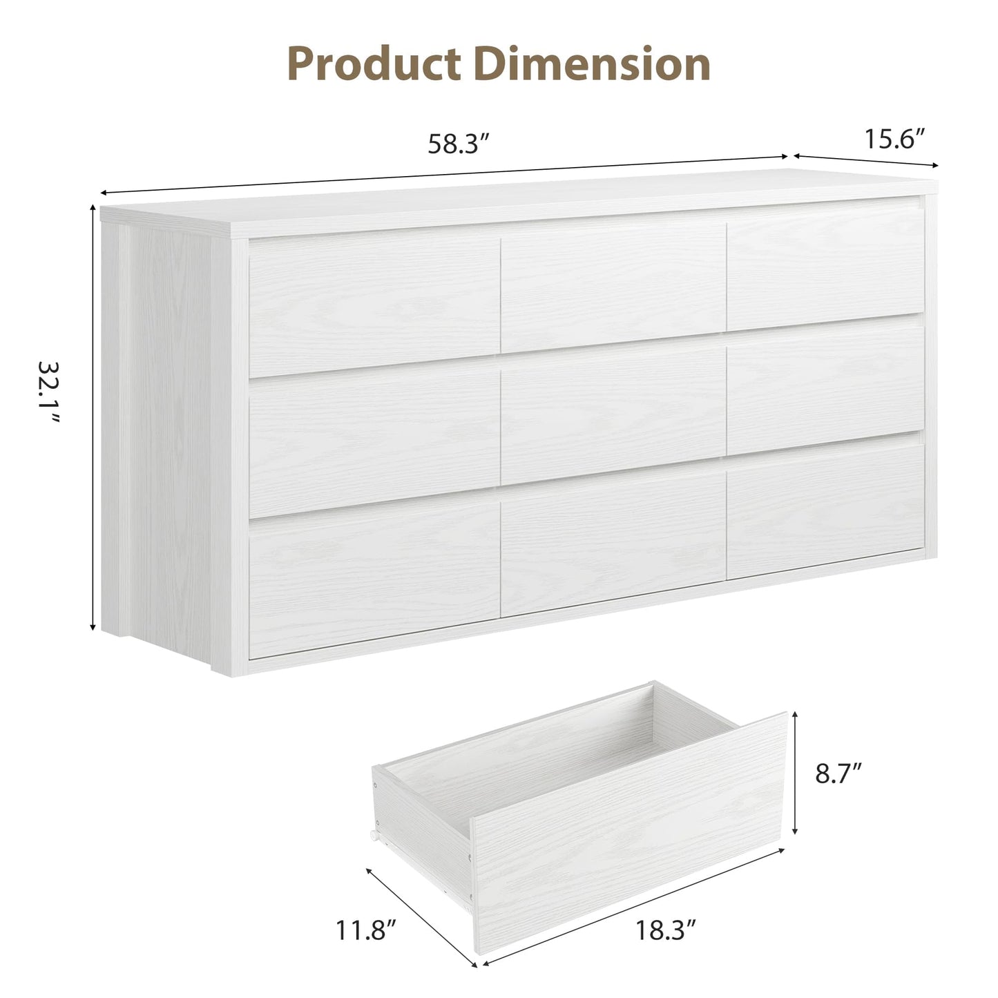 GarveeLife Wooden Dressers with 9 Drawers for Bedroom - White Chest of Drawers for Living Room - Large Modern 9-Drawer Dresser