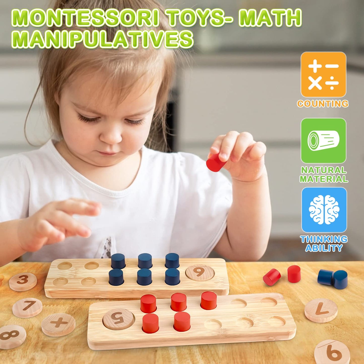 DINORUN Montessori Toys for 3 4 5 Year Old Boy Girl Birthday Gifts - Wooden Counting Peg Board for Kids 3-5, Math and Numbers Manipulatives Materials for Preschool Learning Activities