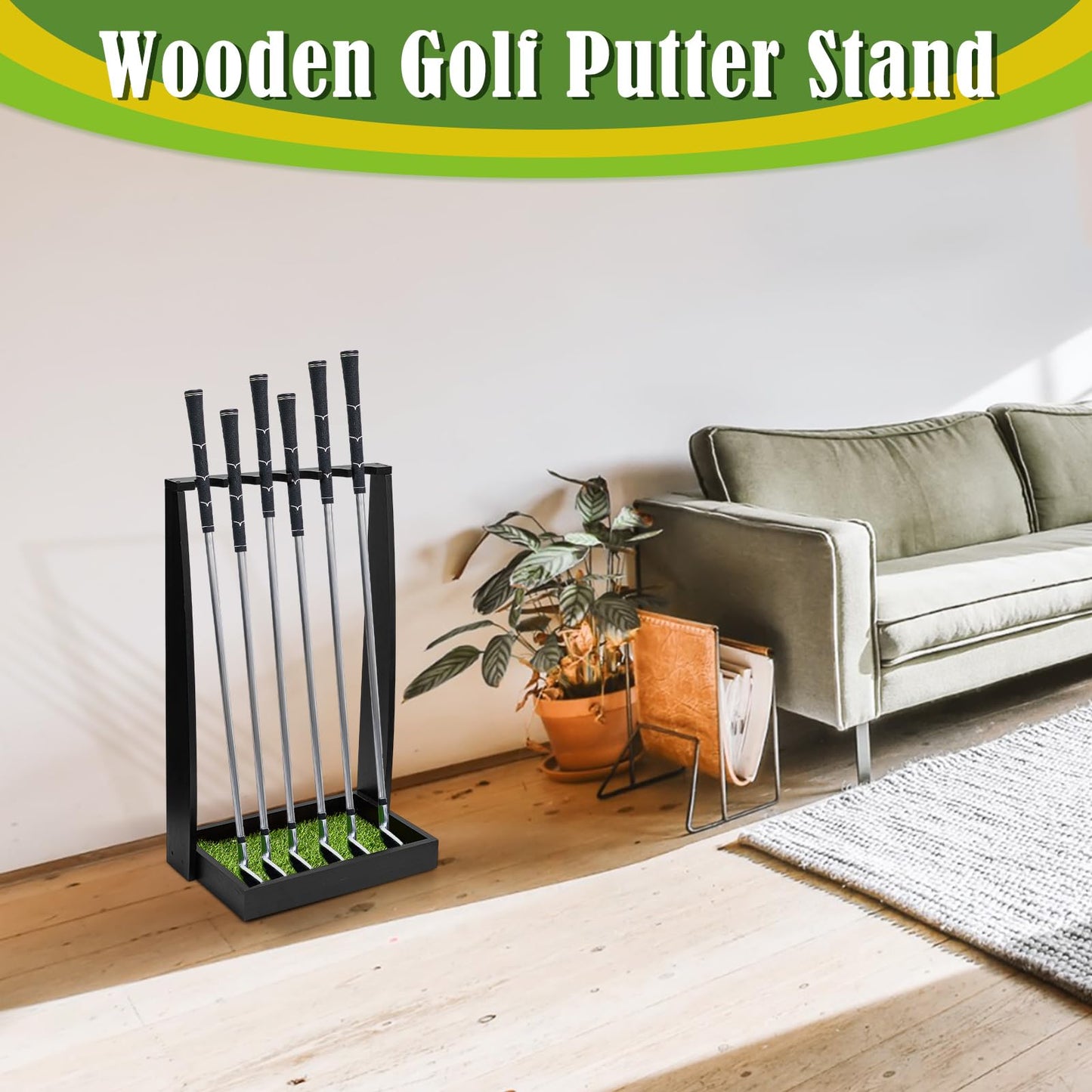 Lenwen Holds 6 Clubs Wooden Golf Putter Stand Golf Club Holder Stand Wooden Display Rack Floor Display Rack Club Organizer for Storage Sports Indoor Home Office Simulator Garage (Black)