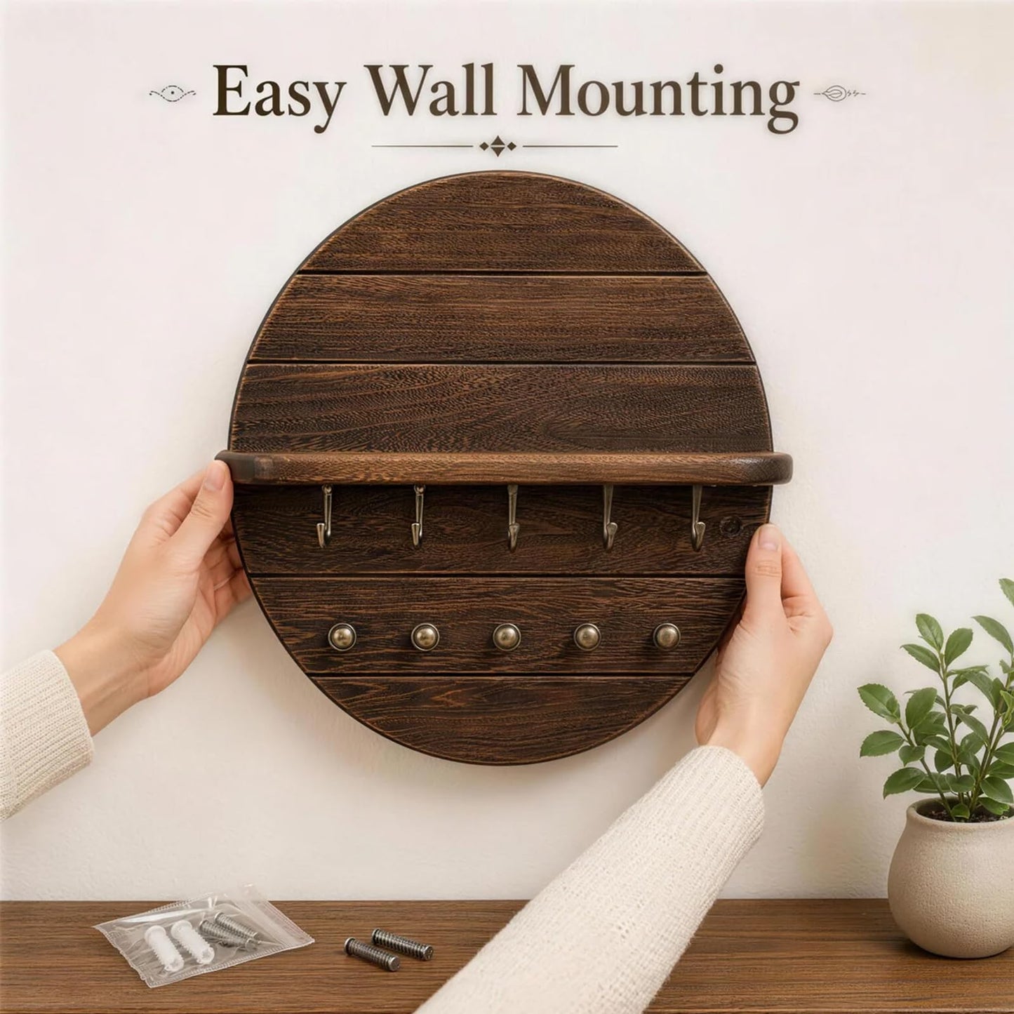 Cxomnndiw Round Wall Mount Key Holder with Shelf, Wooden Entryway Organizer, Key Rack for Keys Sunglasses Coat