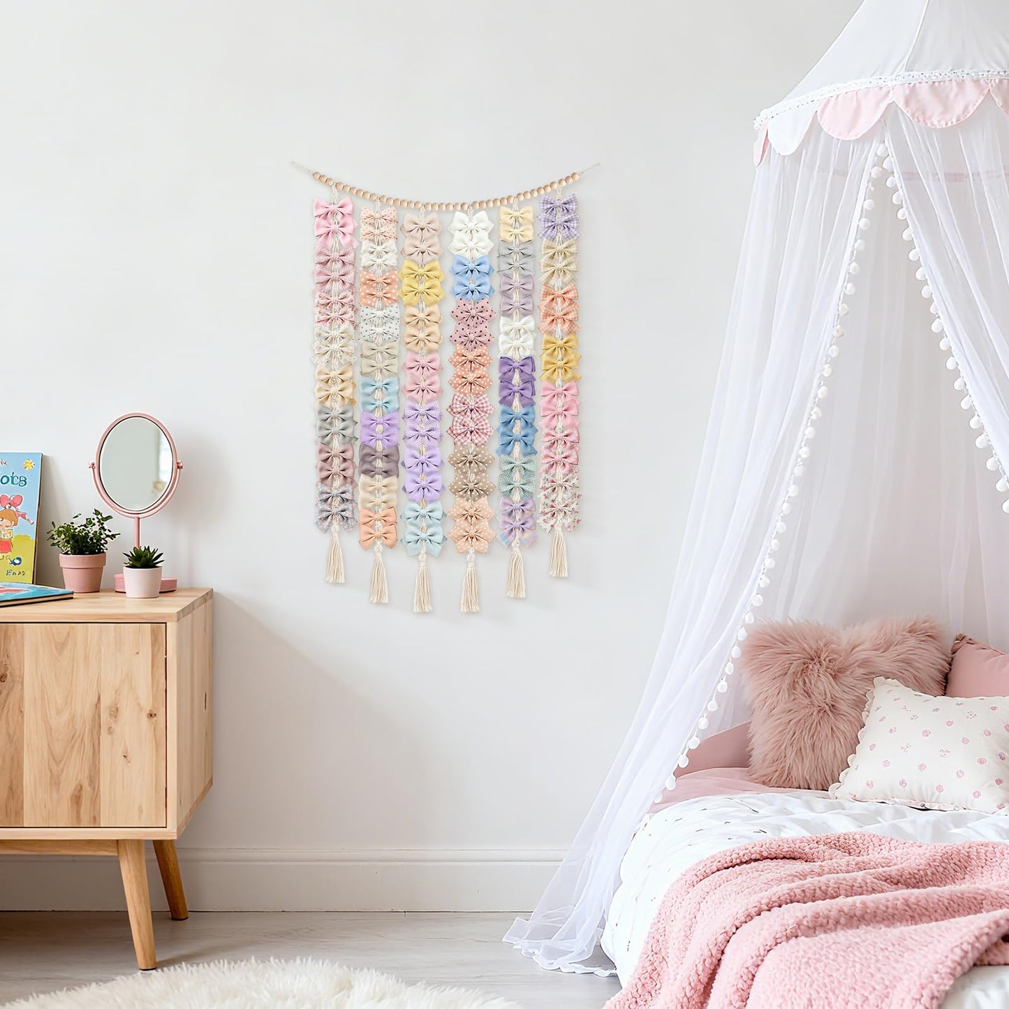 Dahey Macrame Bow Holder Hanging Hair Bow Organizer for Baby Girls Boho Wall Decor Handmade Headband Holder with wood beads Storage Hair Clips for Baby Nursery Room,1 PCS, Clips and Bows Not Included