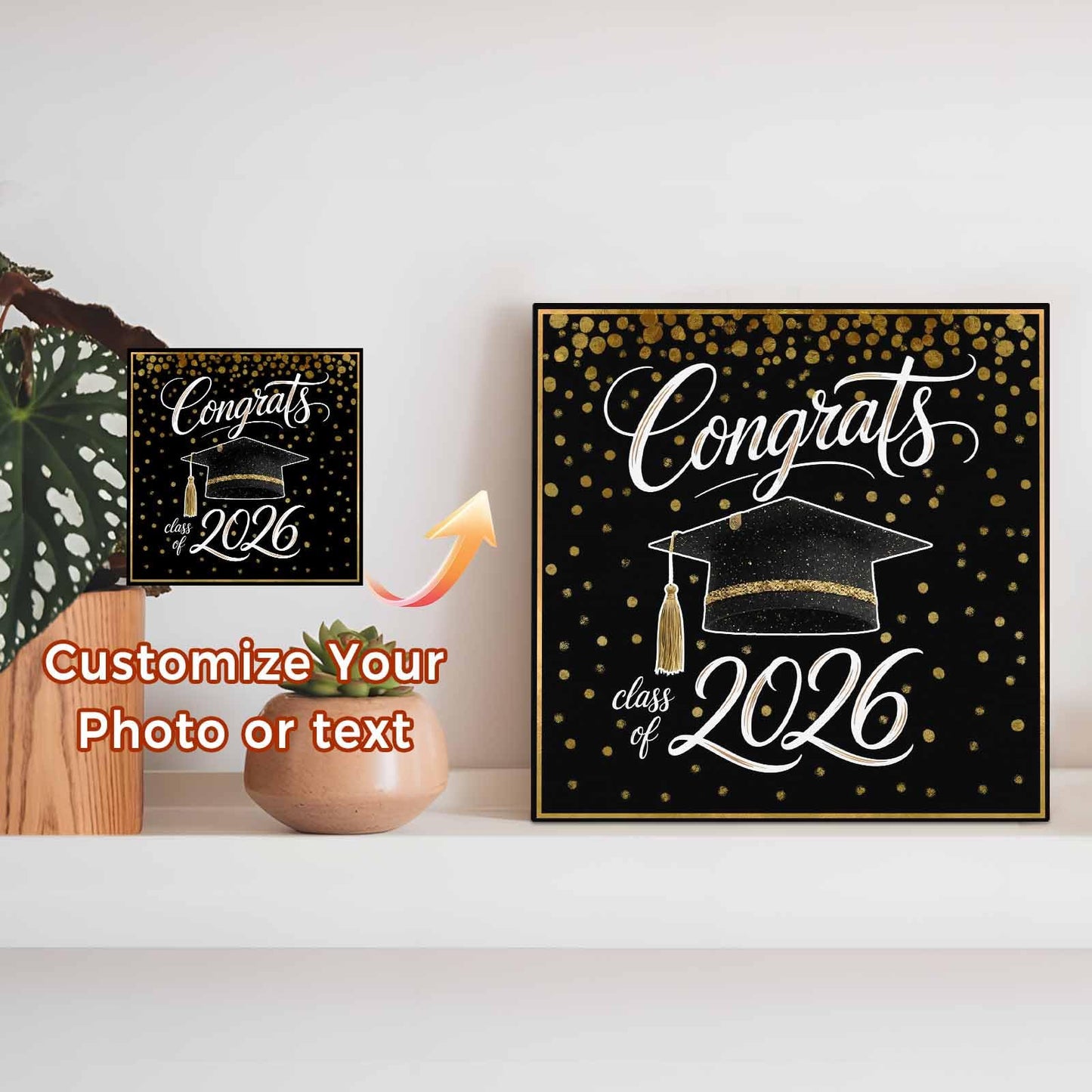 Gold Black Graduation Cap Wood Box Sign Desk Decor, Class of 2026 Academic Modern Decorative Wooden Block Box Sign Decorations for Home Office Shelf Table Decor 6x6 Inches