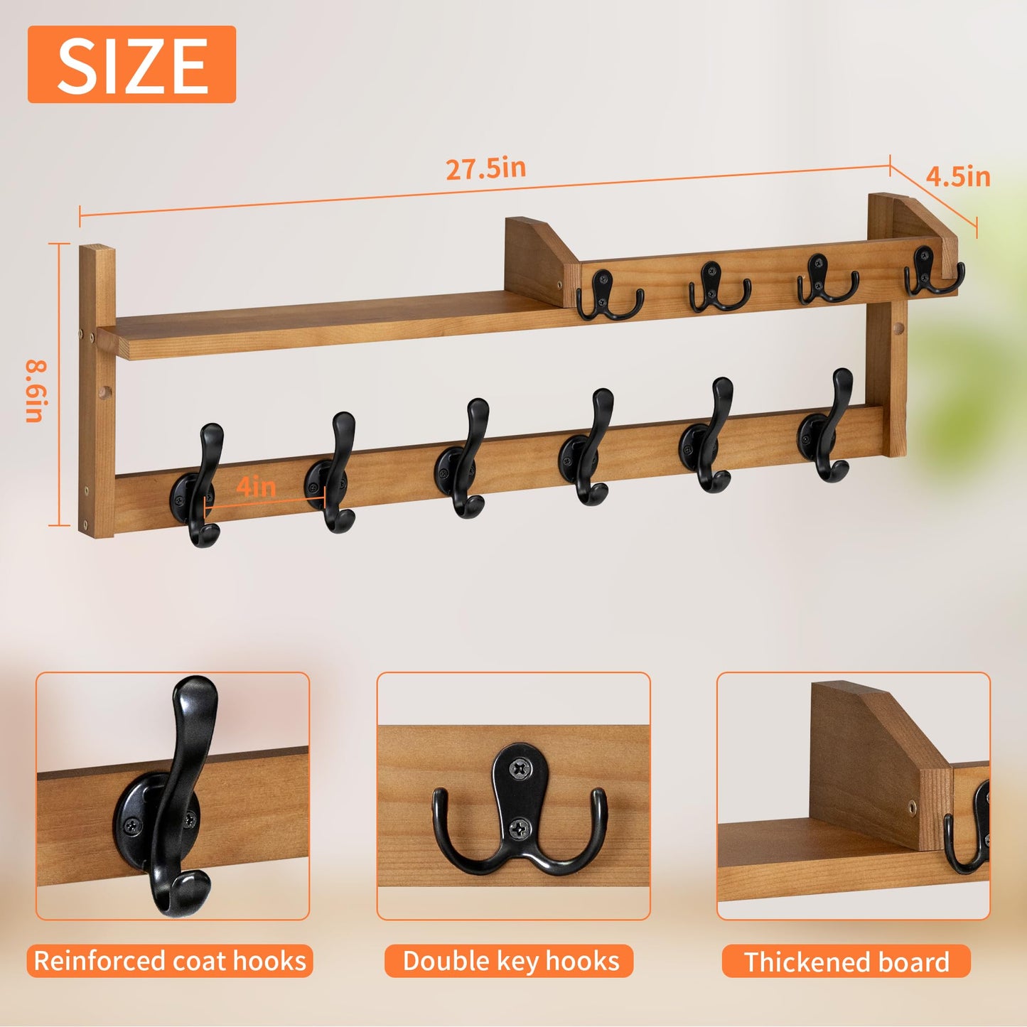 Coat Rack Wall Mount with Shelf, 27.5" Entryway Wall Hanging Shelf, Coat and Key Hanger with 10 Dual Hooks, Mail Organizer and Key Holder Hat Rack for Wall, Wood Coat Hooks with Storage