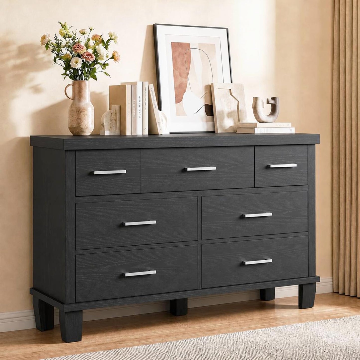 IDEALHOUSE Dresser for Bedroom with 7 Drawers, Black Storage Chest of Drawers with Metal Handle, Wooden Dresser Organizer for Living Room,Closet,Entryway,Nursery