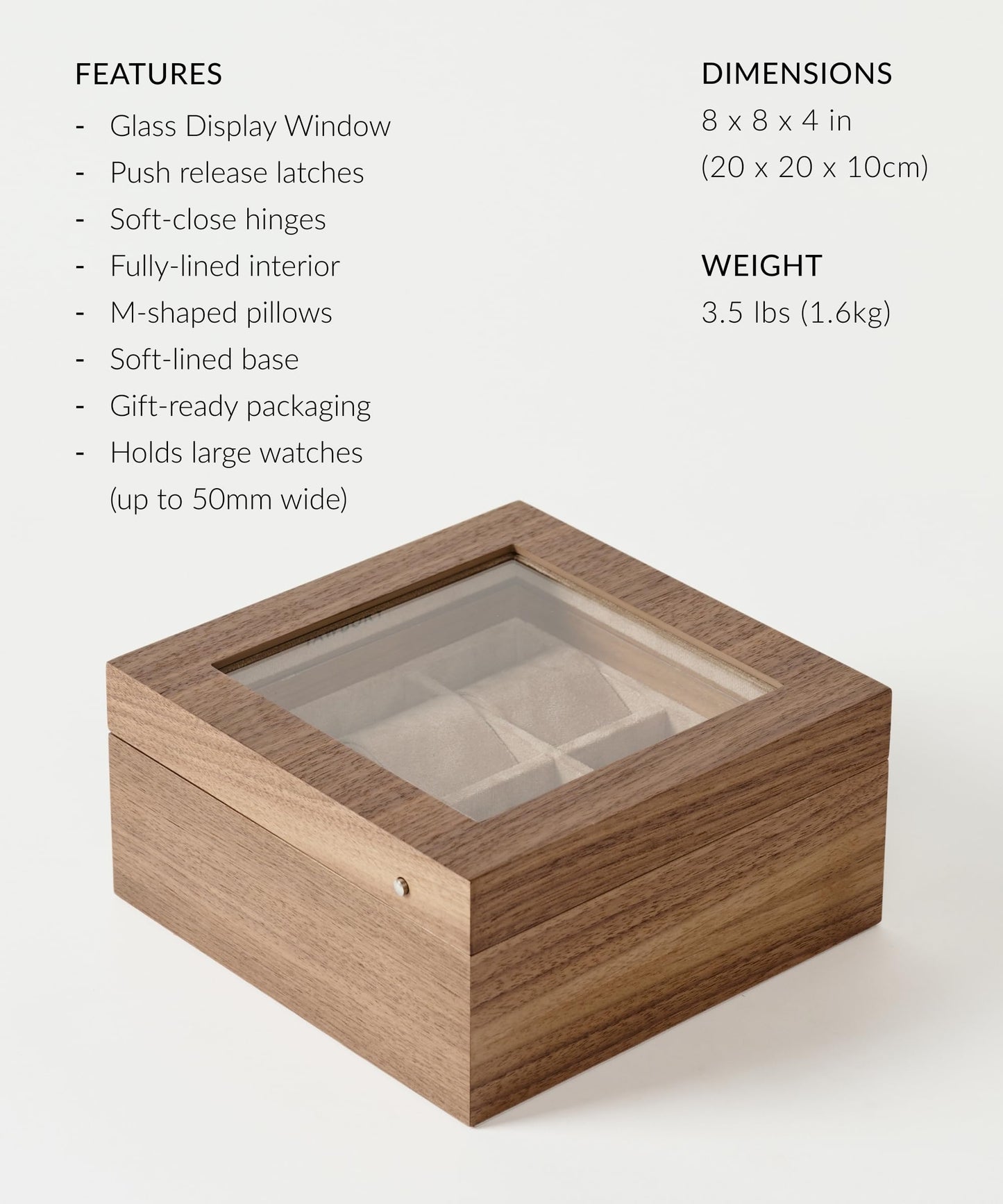 TAWBURY Wooden Watch Case - 6 Slot Wood Watch Box for Men & Women with Glass Display, Protective Fully Lined Interior and 2-inch Wide Pillows for Small & Large Watches (Classic Walnut)