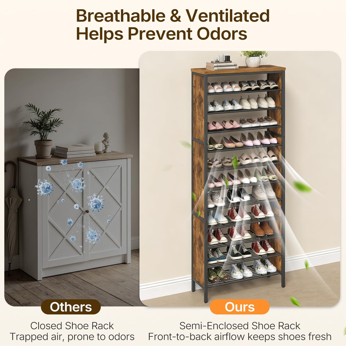 YATINEY 12-Tier Wooden Shoe Storage Organizer and 12-Tier Tall Shoe Rack, Large Shoe Storage Organizer for Closet SS212BR-SS42BR