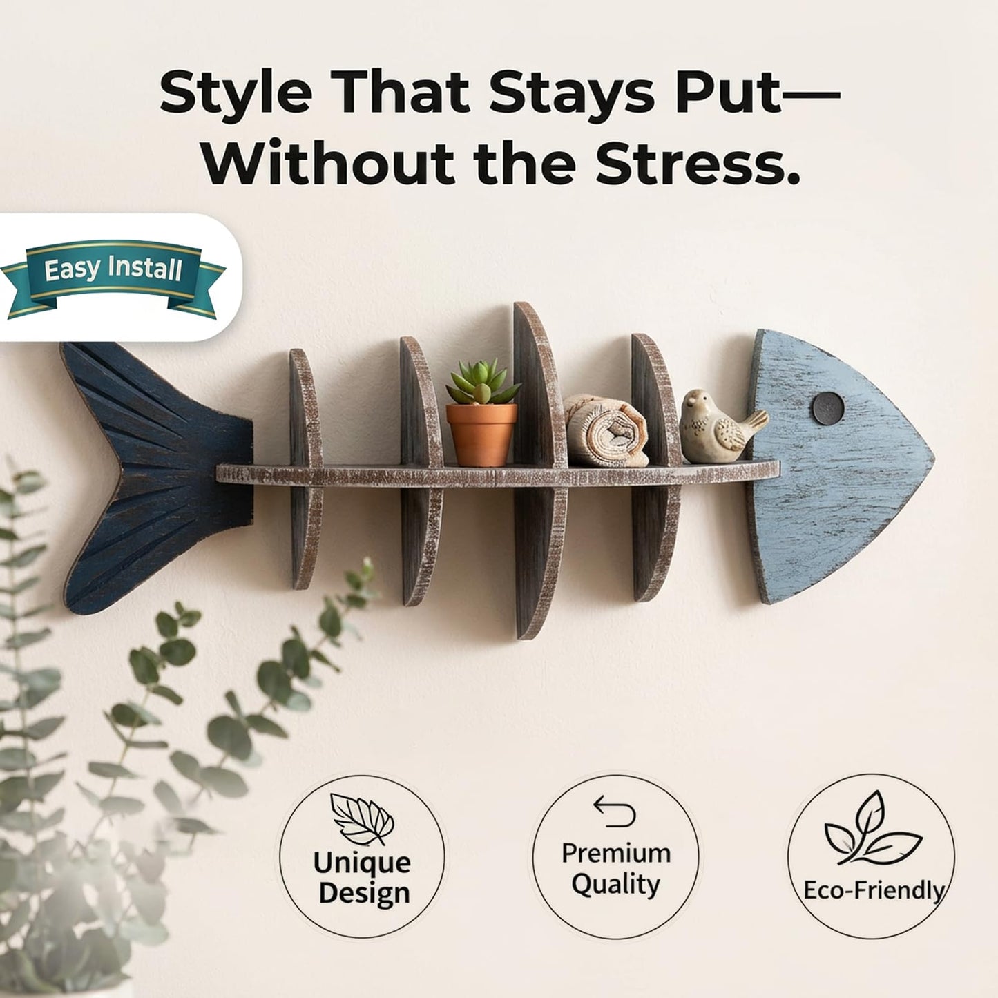 Wooden Fishbone Wall Decor, Floating Shelf, Nautical Coastal Wall Mounted Organizer, Driftwood Fish Display Shelf for Bedroom, Bathroom, Living Room, Lake House, Housewarming, Birthday Gift for Lovers
