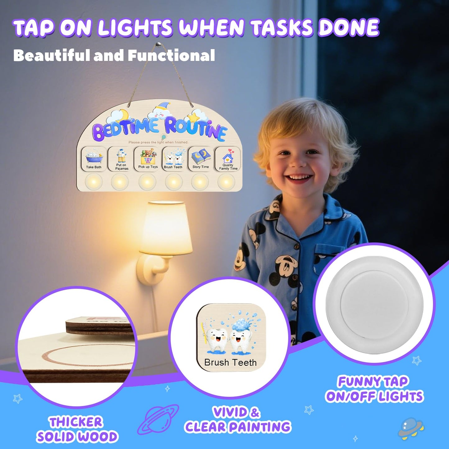 AINBIN Bedtime Routine Chart for Toddlers, Visual Schedule Chart Night to Do List with 6 Tap Lights & 10 Activity Cards Planning, Wooden Checklist Task Schedule Board for Kids, Autism, ADHD Planner