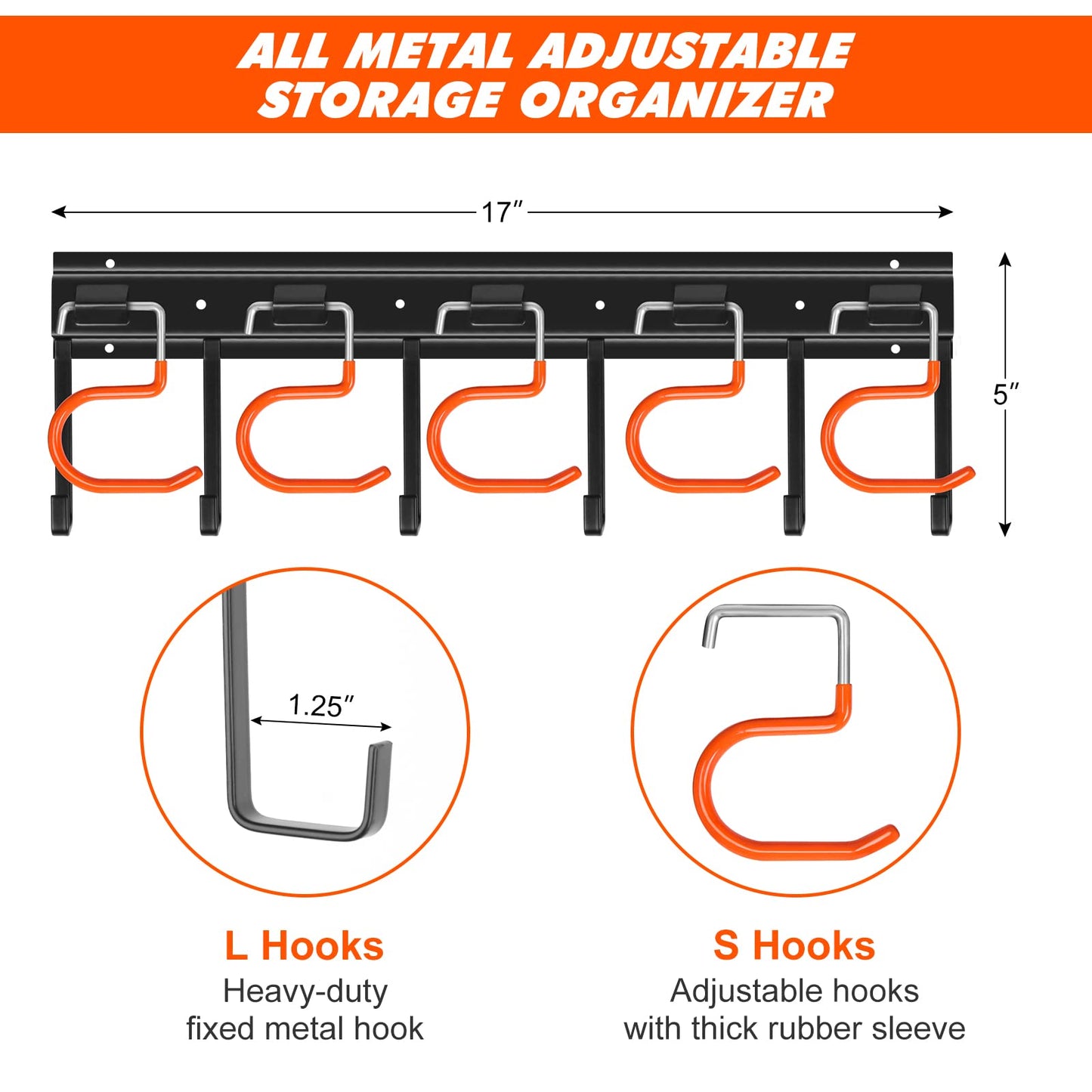 TVKB 51'' All Metal Garden Tool Organizer Adjustable Garage Tool Organizer Wall Mount Garage Organizers and Storage with Heavy Duty Hooks Tool Hangers for Garage Wall, Shed, Garden