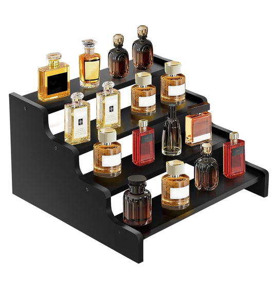 SEENYOO Wooden Cologne Organizer for Men, Perfume Organizer Stand, Cologne Stand with Anti-Slip Washers, Wooden Display Risers Stand for Dessert, Cupcake, Black, 4-tier-11.8in