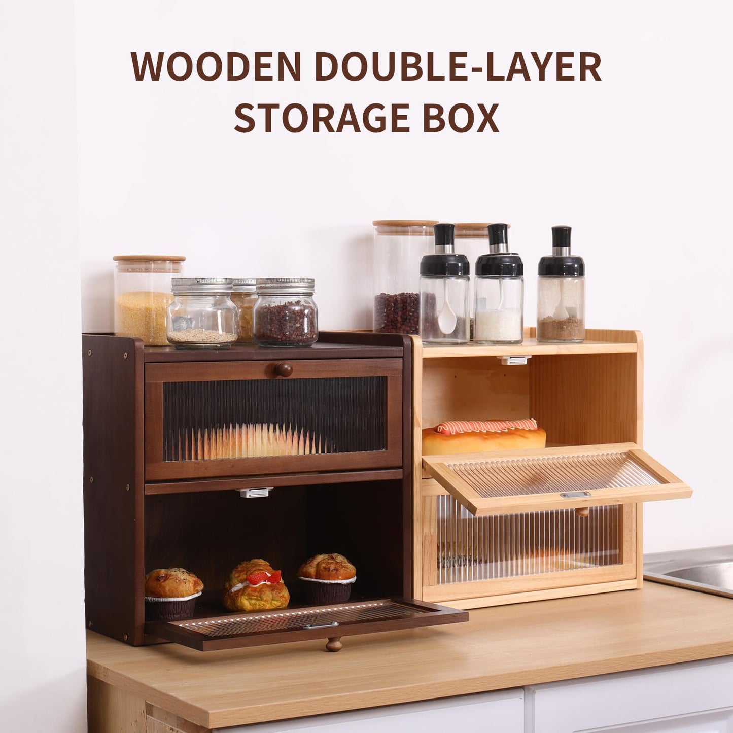FDHUIJIA Double Layer Large Bread Box for Kitchen Counter, Wooden Bread Storage Container with Acrylic Window, (natural)