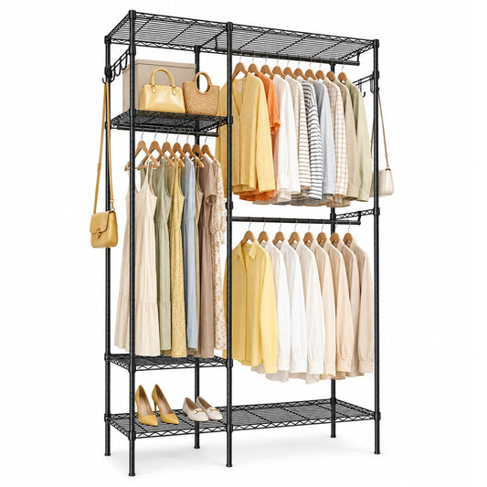 UEAKPIC Heavy Duty Clothes Rack, Portable Clothing Garment Rack for Hanging Clothes, Adjustable Storage Closet with Wire Shelves and Hanging Rods, Freestanding Closet Organizer, Max Load 700Lbs, Black