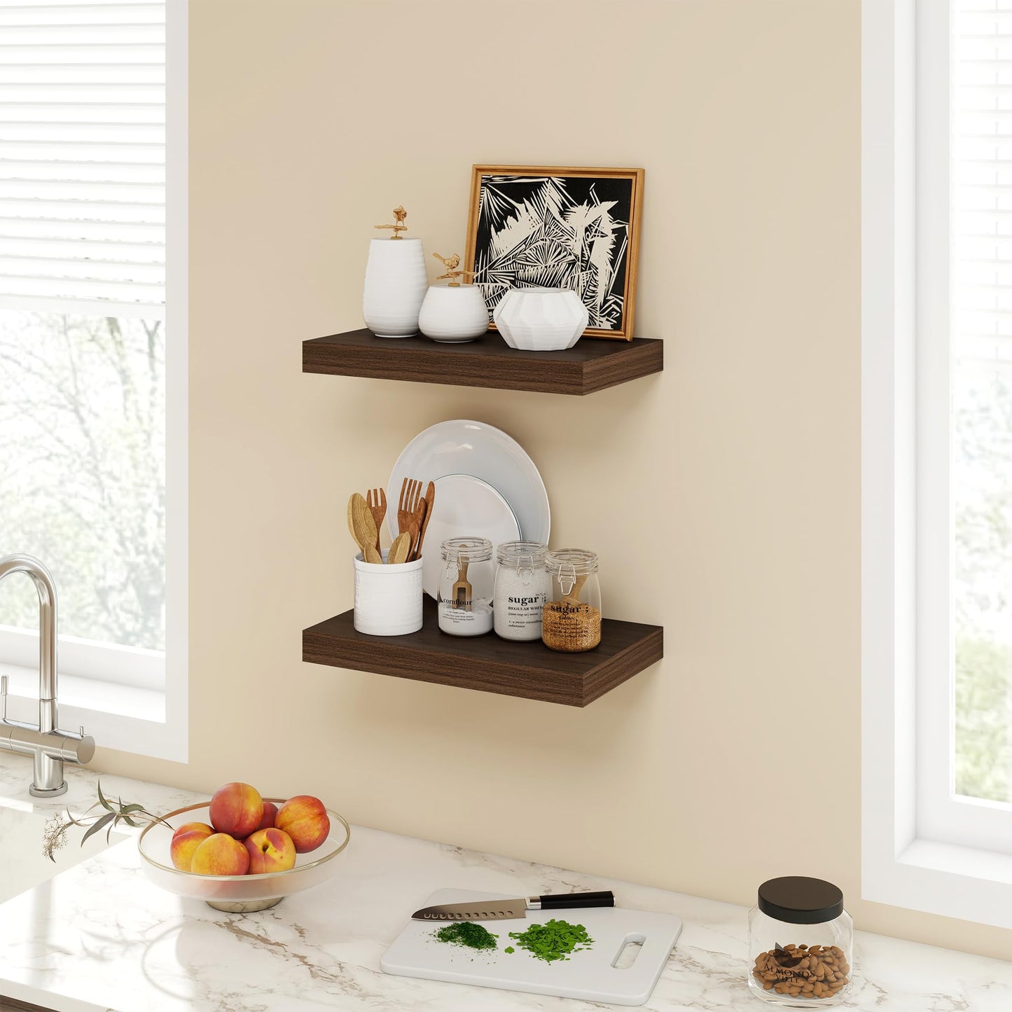 Acovy 16 Inch Floating Shelves, 9.3" Deep Floating Shelf Wall Mounted, 16" Wall Shelves, Rustic Deep Bookshelf, Large Display Shelves & Storage Shelves for Bedroom, Living Room, Walnut, Set of 2