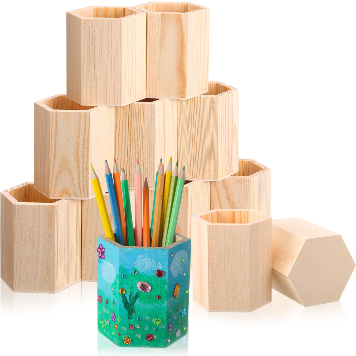DoubleFill 12 Pack DIY Spring Wooden Pencil Holder Craft for Desk, Desktop Pencil Holder Stand, Unfinished Wooden Pen Craft for Homemade DIY Supplies(Hexagonal)