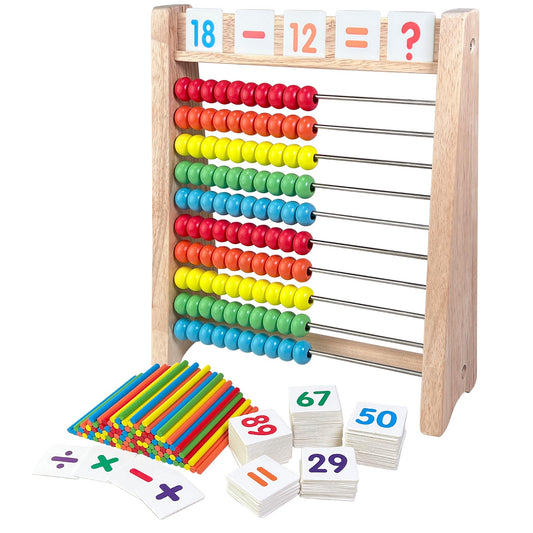 Wooden Abacus for Kids Math - 10 Row Bead Counting Frame with Counting Sticks & Number Alphabet Cards, Learn Counting, Educational Gift for Toddlers, Preschoolers - Ideal for Home, School & Daycare